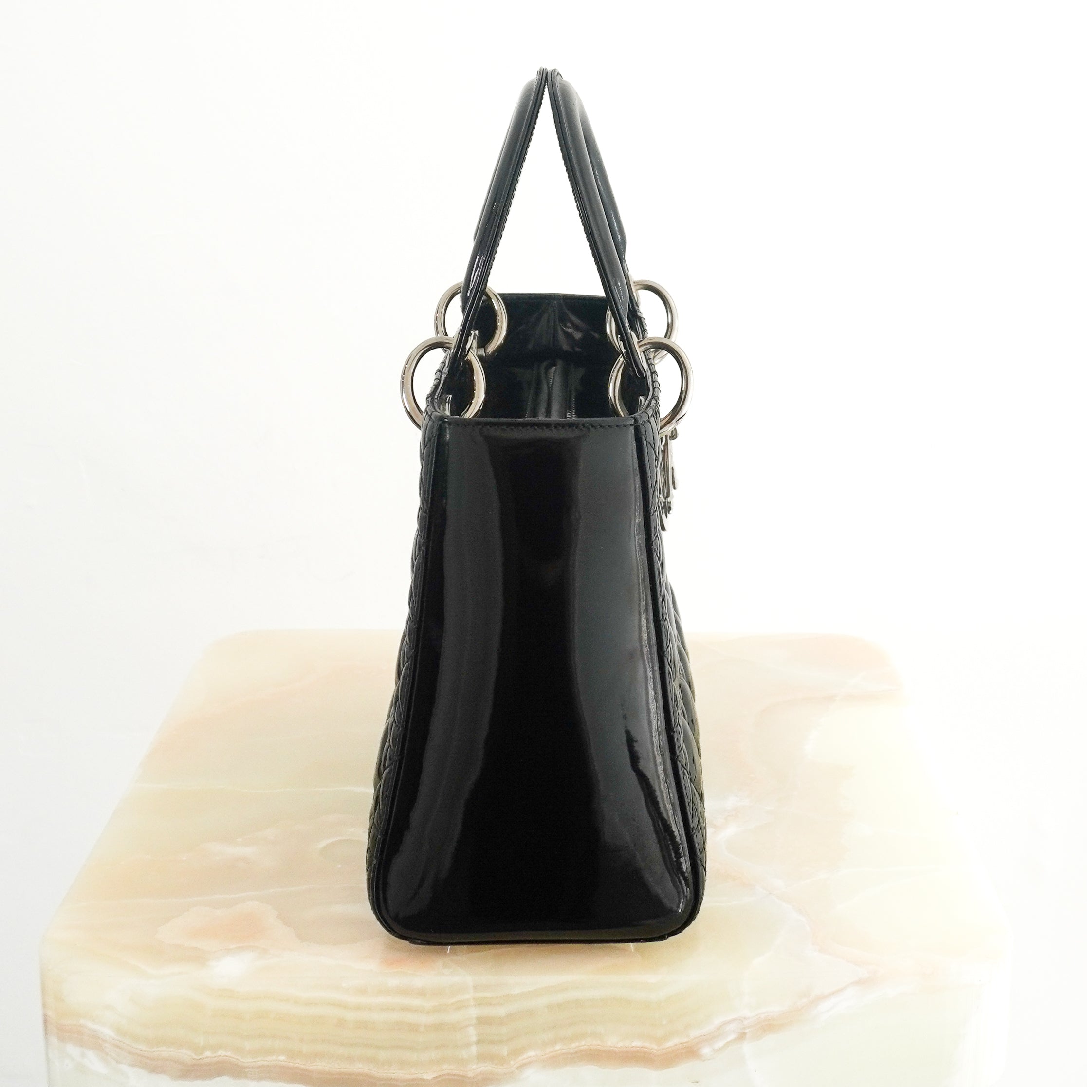 Dior Medium Lady Dior Bag Black Patent Cannage Calfskin side photo chelsea london
