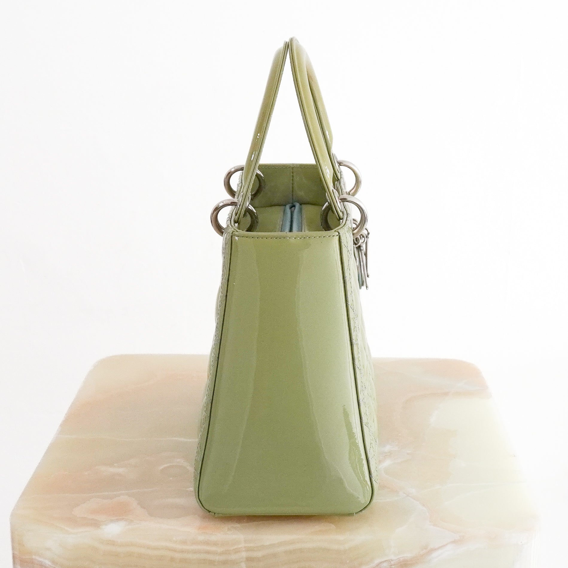 Dior Medium Lady Dior Bag Light Mint Green Patent Cannage Calfskin side photo chelsea london