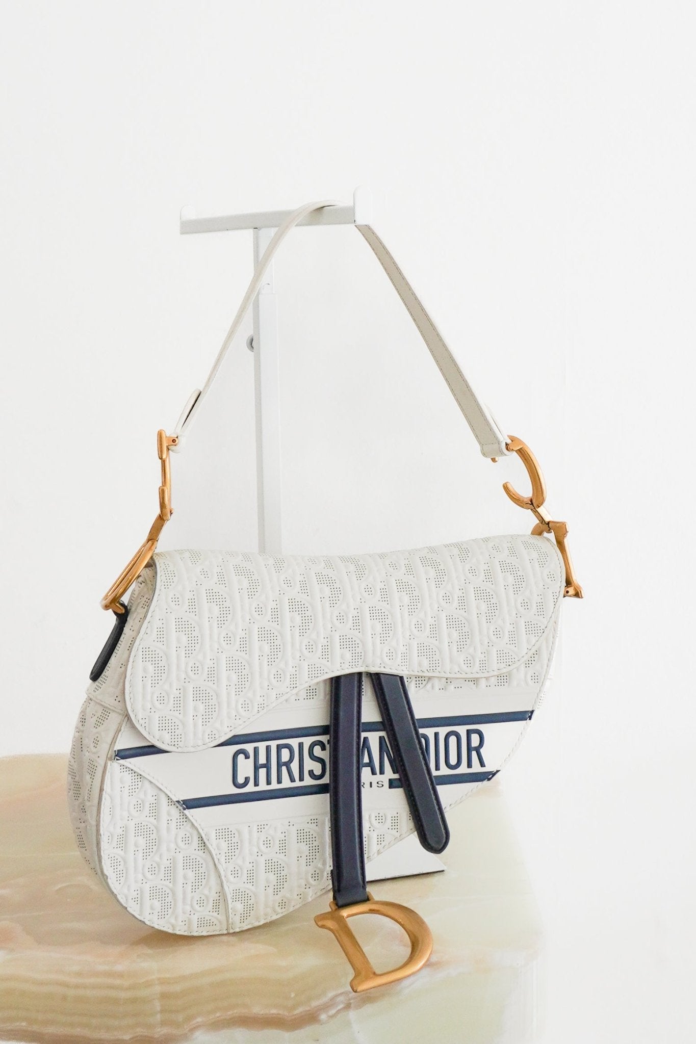 Dior White Perforated Oblique Saddle Bag with Strap (RRP £3500) | Authentic Preloved - Reloved Again