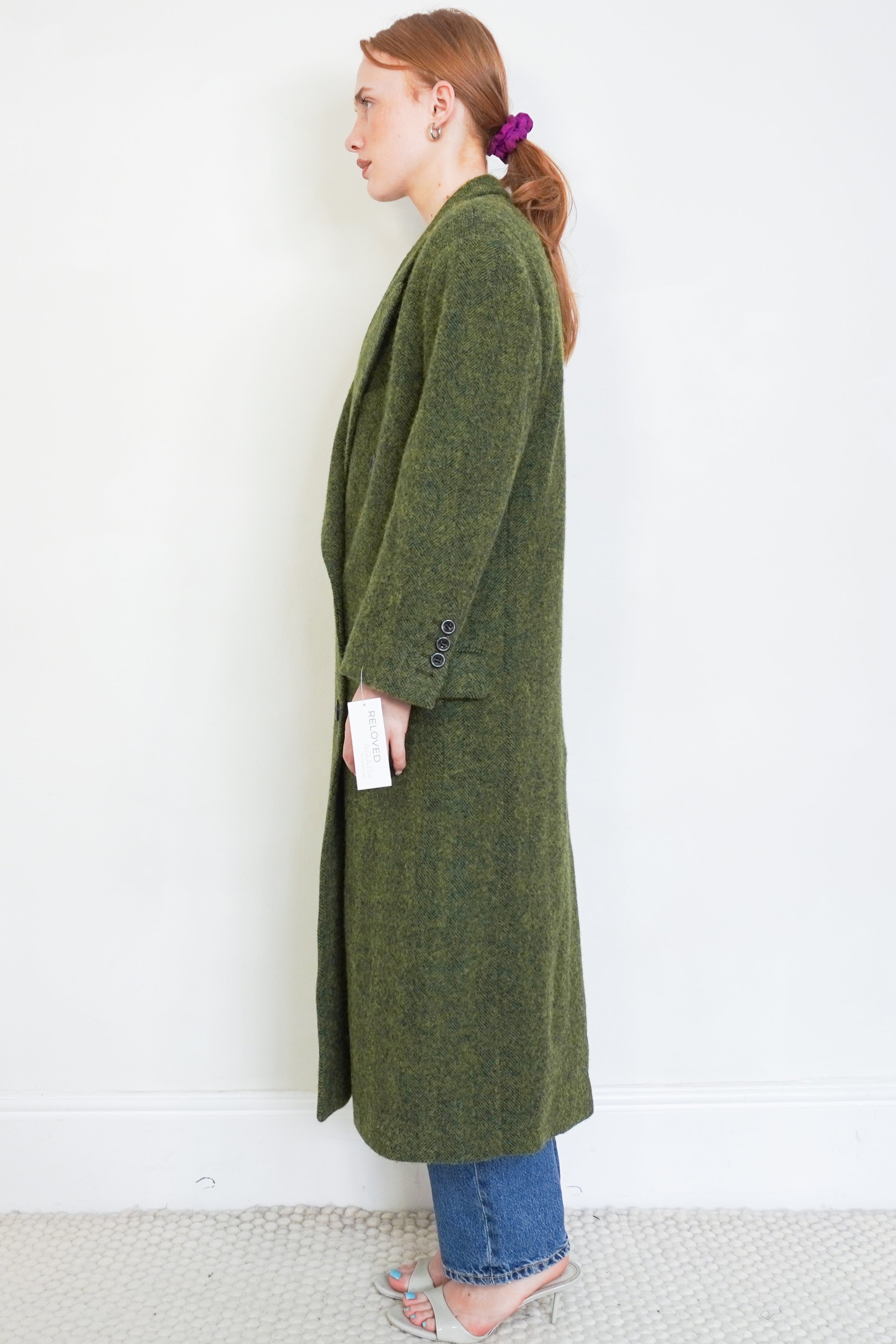 Dries Van Noten Green Herringbone Double-Breasted Wool & Mohair Coat side photo chelsea london