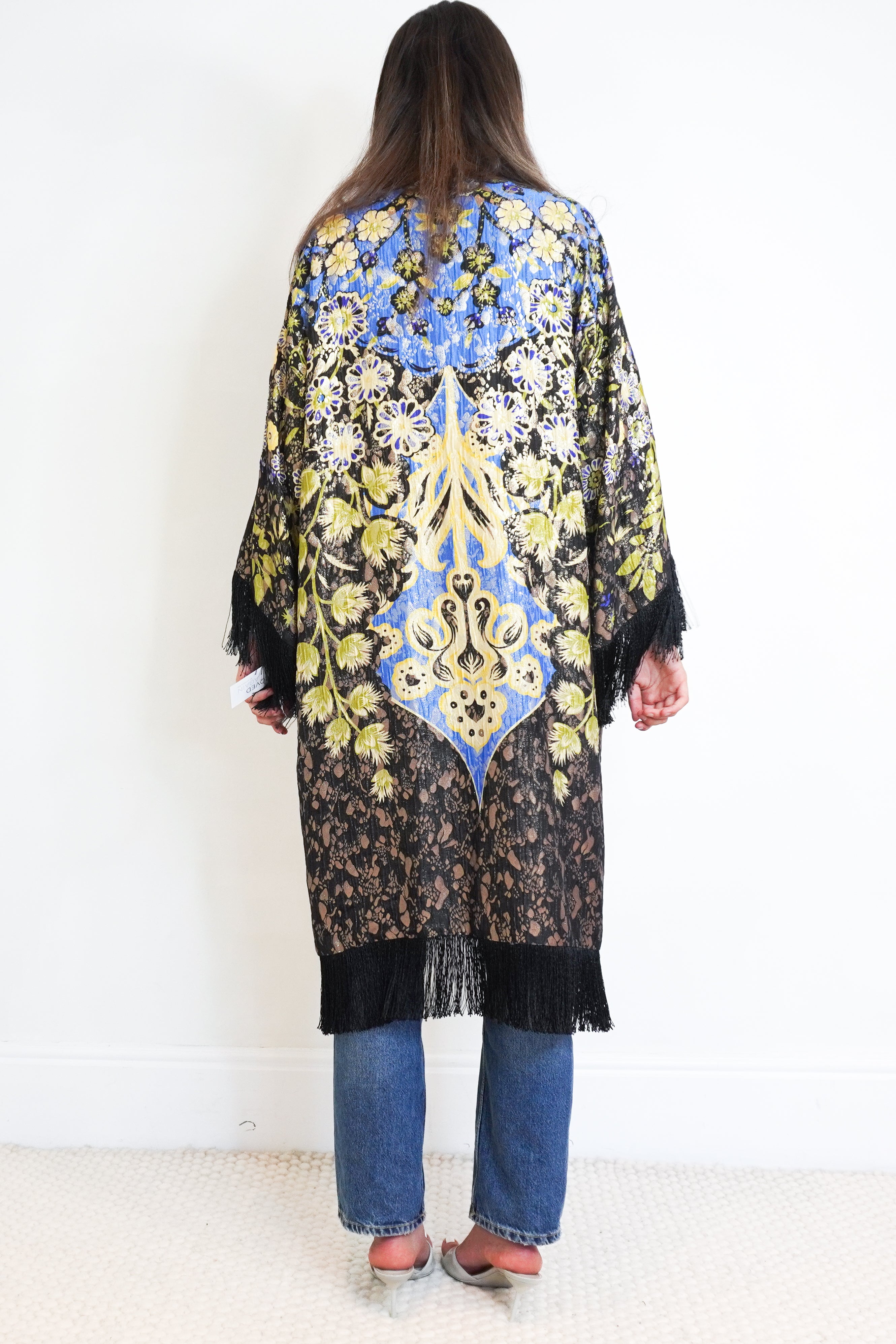 Etro Metallic Silk Blend Floral Fringe Kimono Jacket back photo chelsea london
