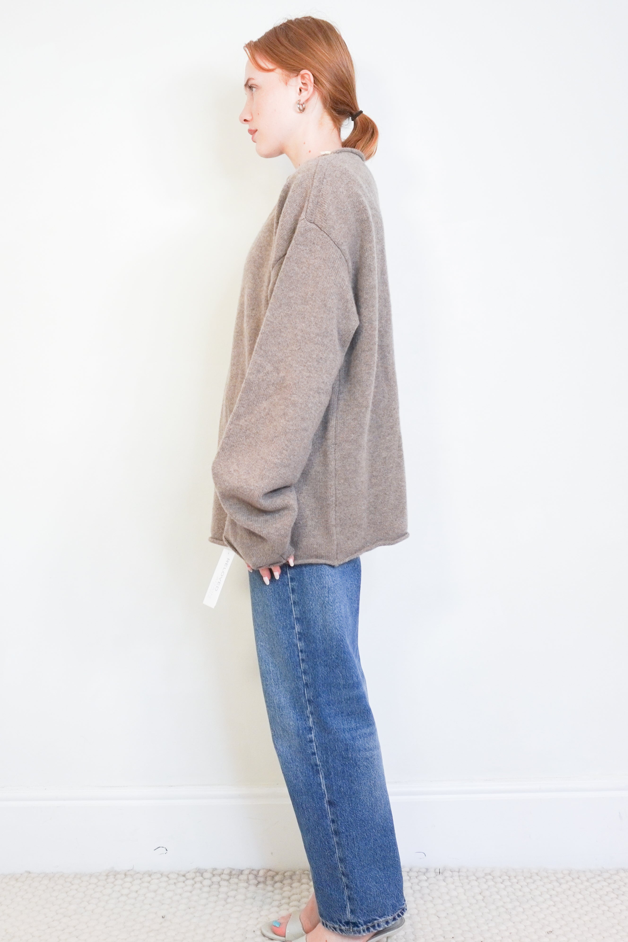 Extreme Cashmere N°53 Crew Hop Jumper in Felt side photo chelsea london