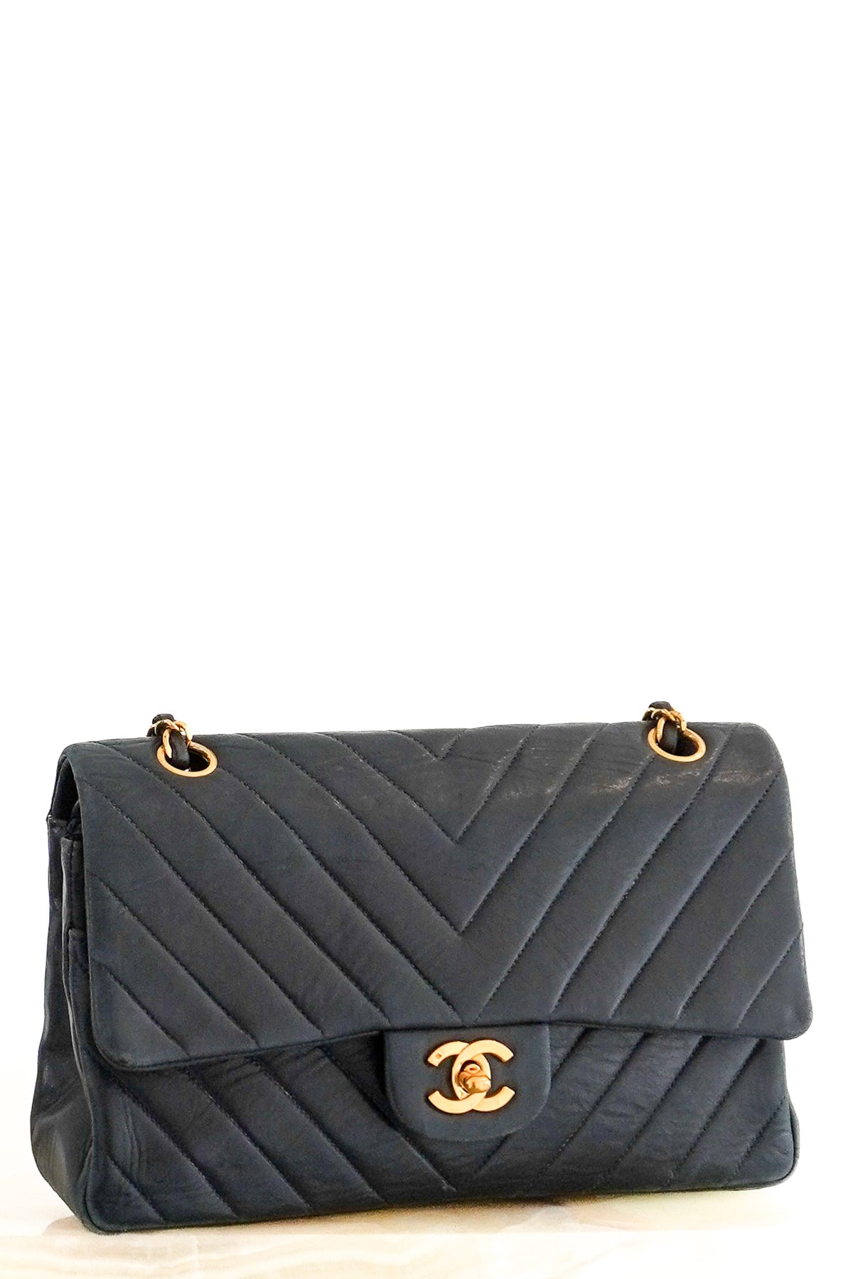 FRONT IMAGE: Chanel Vintage Medium Classic Chevron Double Flap Bag in Navy Chelsea London