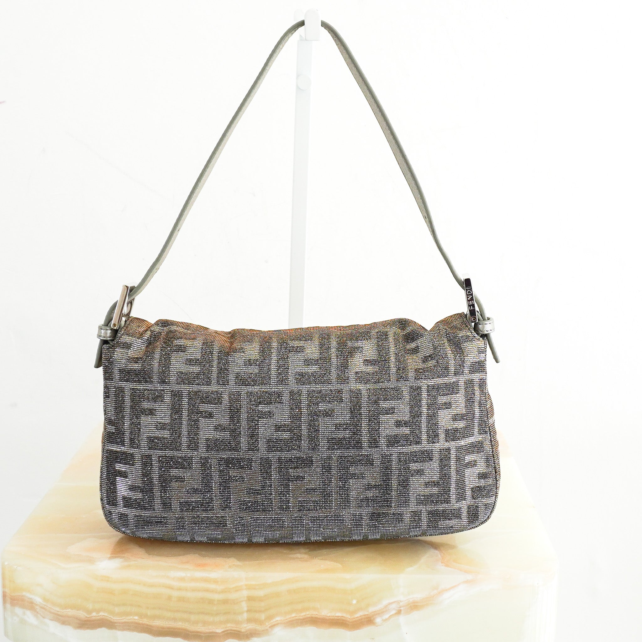 Fendi Zucca Baguette Shoulder Bag in Silver Lamé | Authentic Preloved - Reloved Again