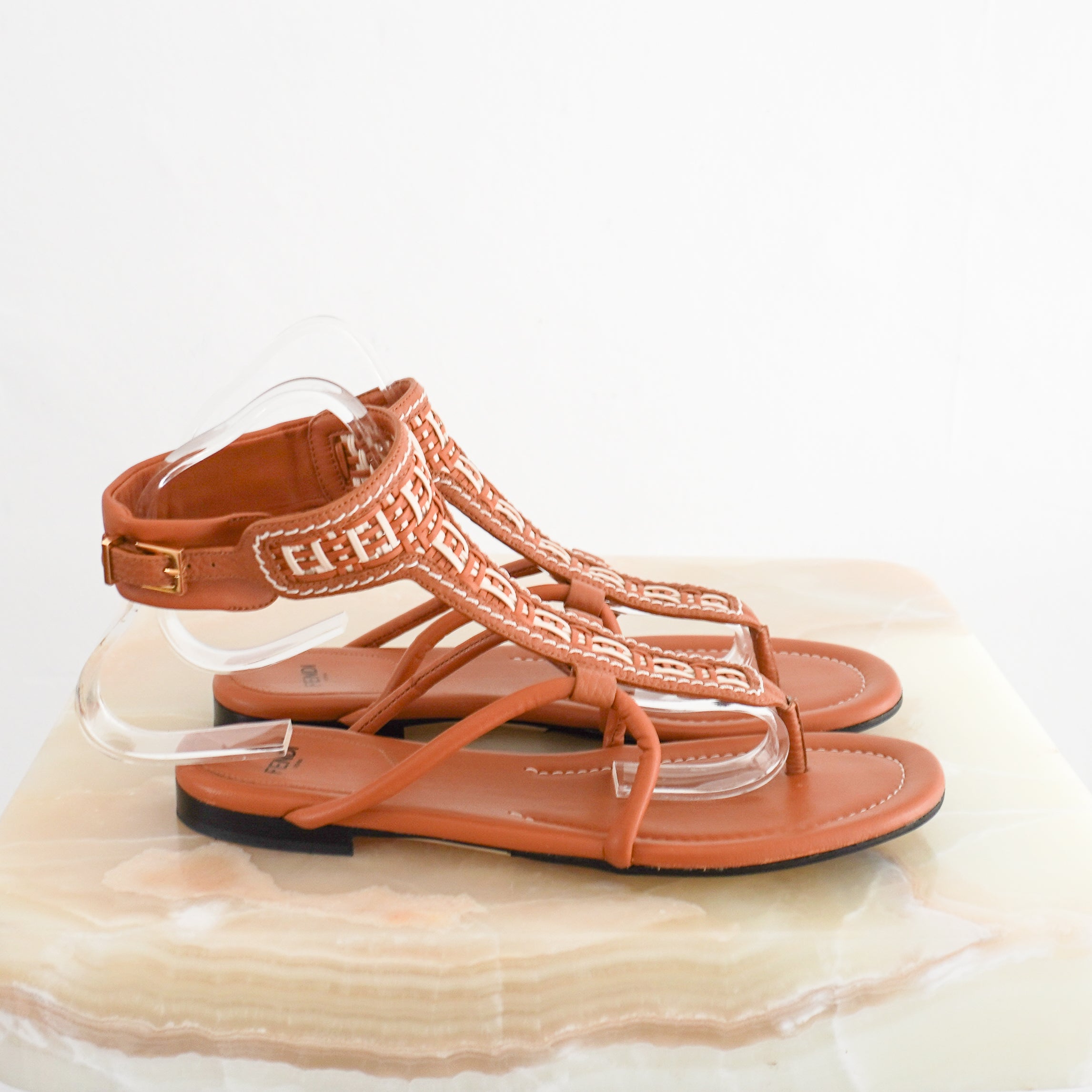 Fendi Brown FF-Motif Interwoven T-Strap Flat Sandals side photo chelsea london