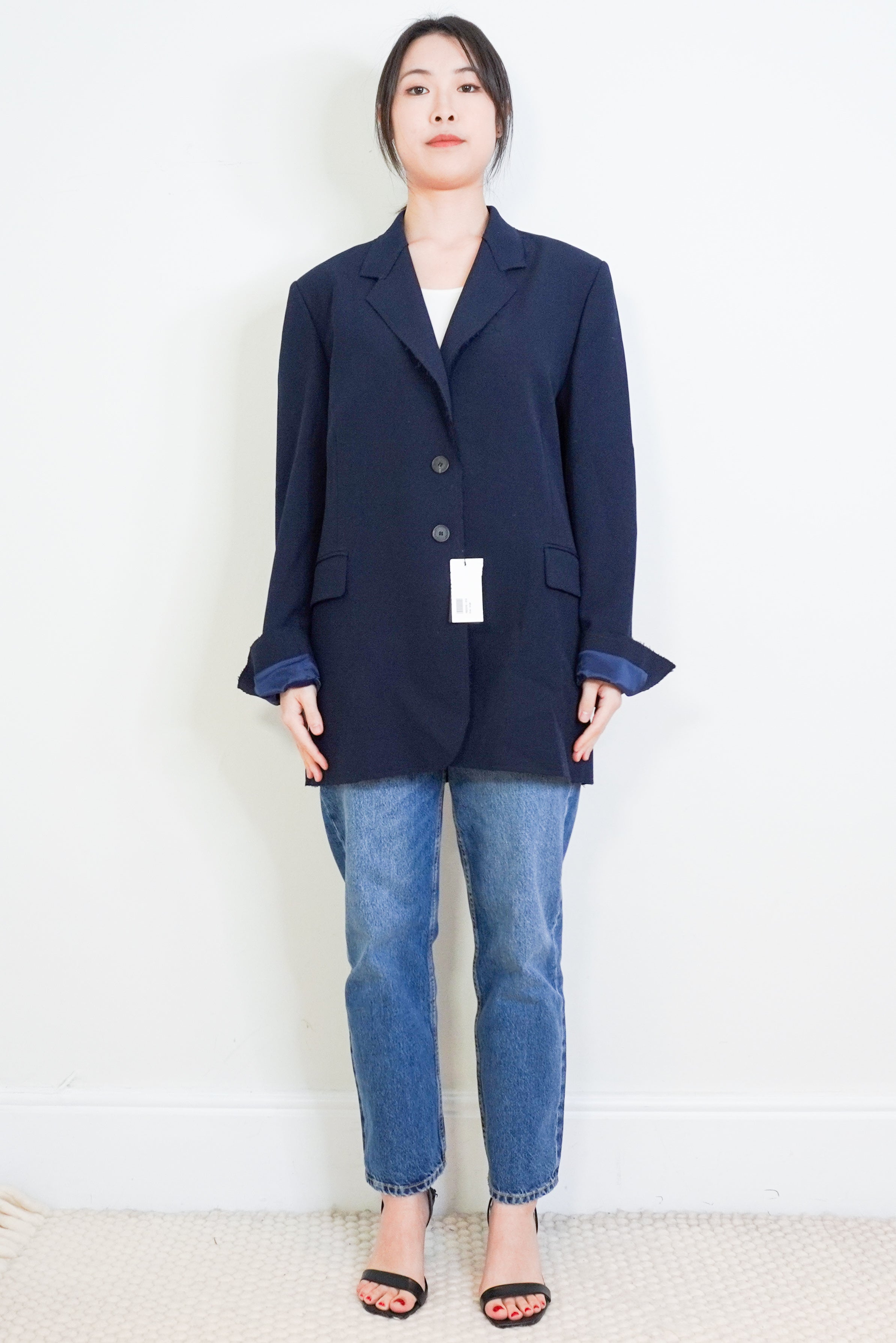 Frame-Navy-Oversized-Raw-Edge-Blazer-front-picture-Chelsea-London