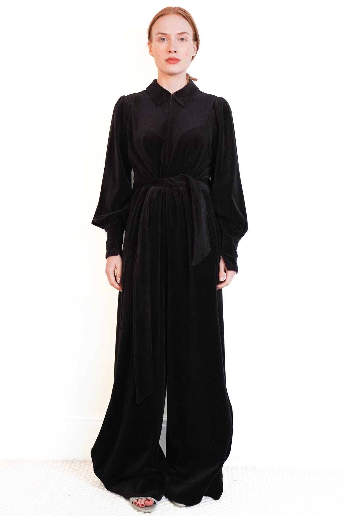 Front: Black Velvet Belted Wide-Leg Jumpsuit