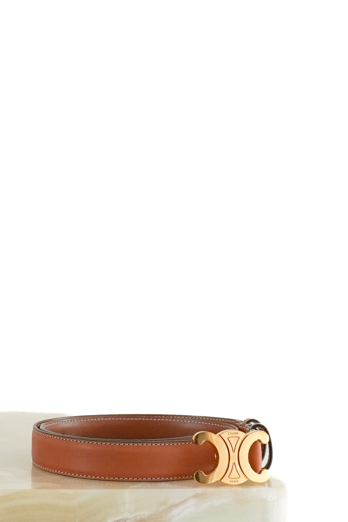 Front: Celine Triomphe Brown Gold Tone Belt