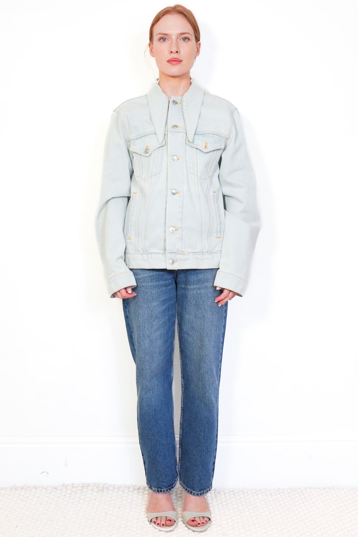 Front Image: Balenciaga Scarf Frayed Light Wash Denim Jacket Chelsea London