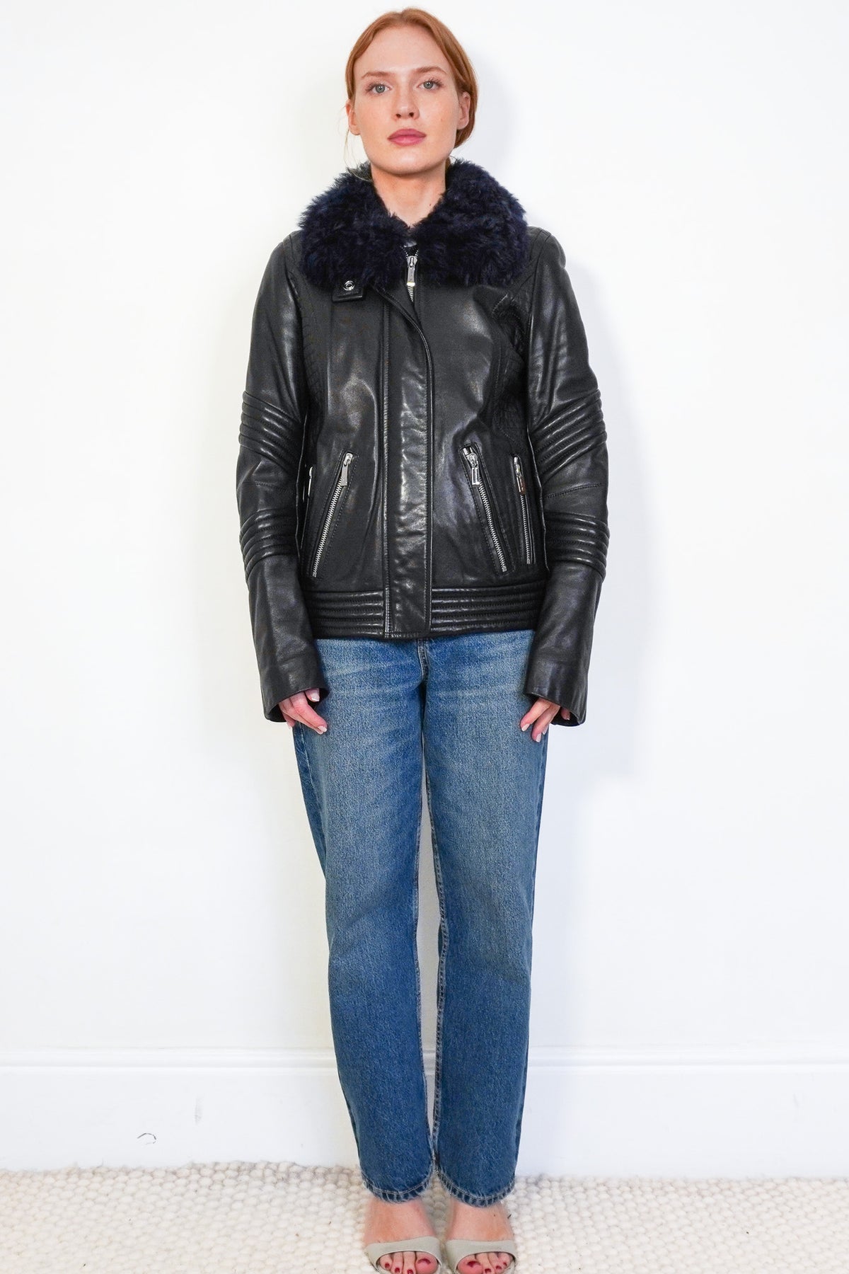Front Image: Barbara Bui 100% Lambskin Shearling Leather Jacket