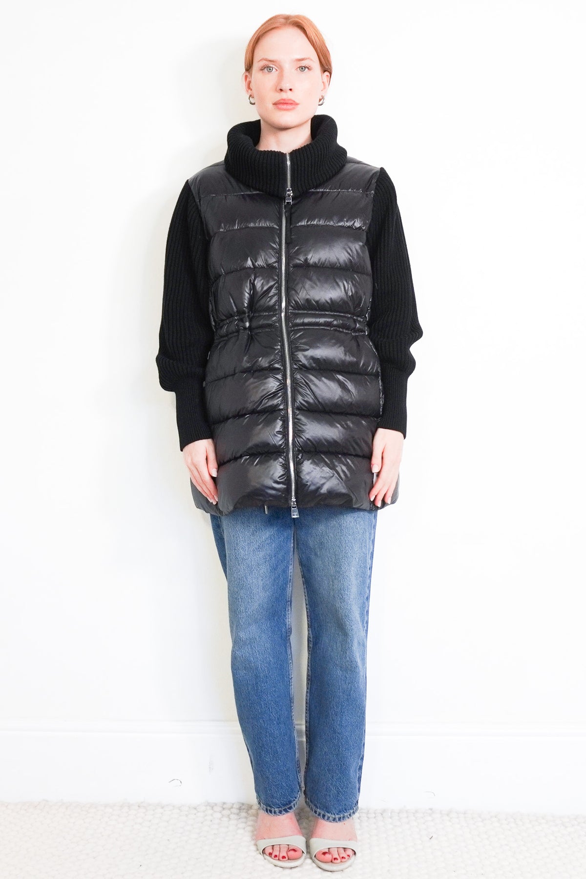 Front Image: Black Varley Puffer Jacket with Chunky Ribbed Knit Collar
