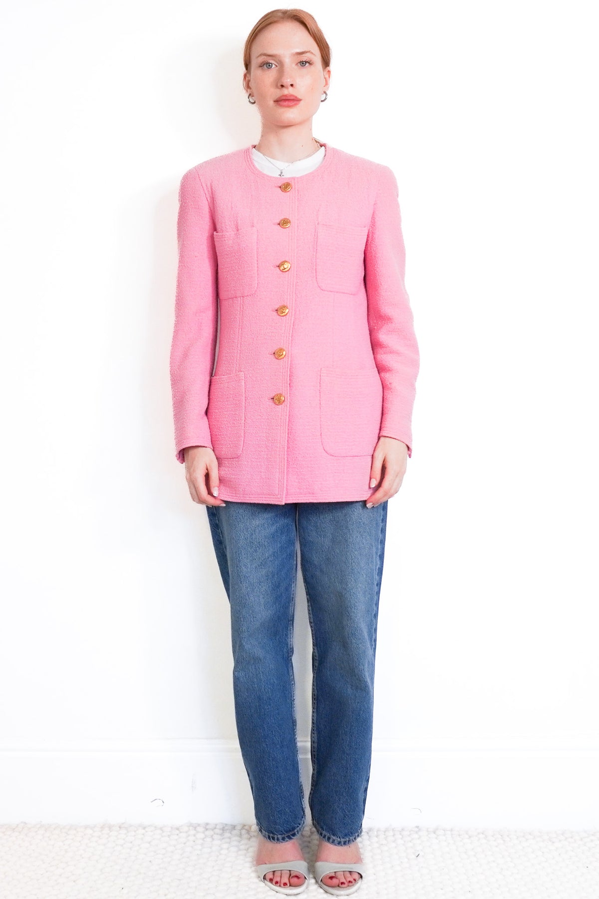 Chanel Vintage Pink Boucle Jacket With Gold Buttons | Authentic Preloved - Reloved Again