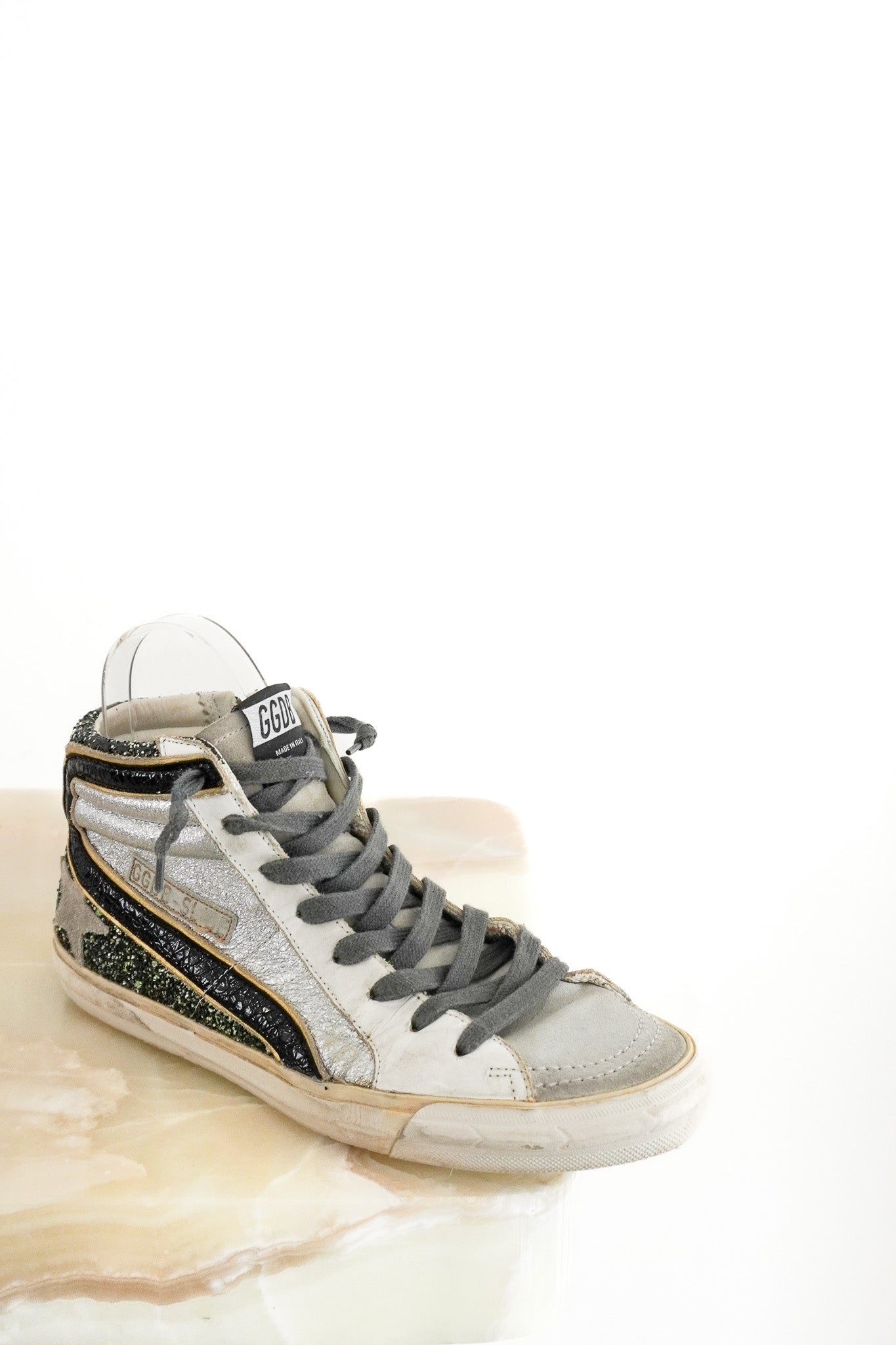 Front Image: Golden Goose High Top Distressed Glitter Sneaker Chelsea London