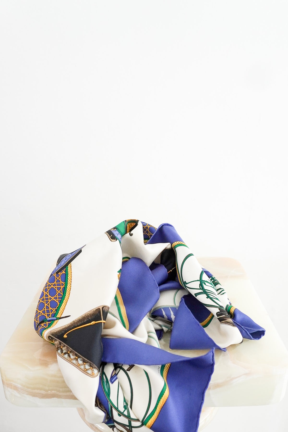 Front Image: Hermès Blue and White Printed Silk Scarf Chelsea London