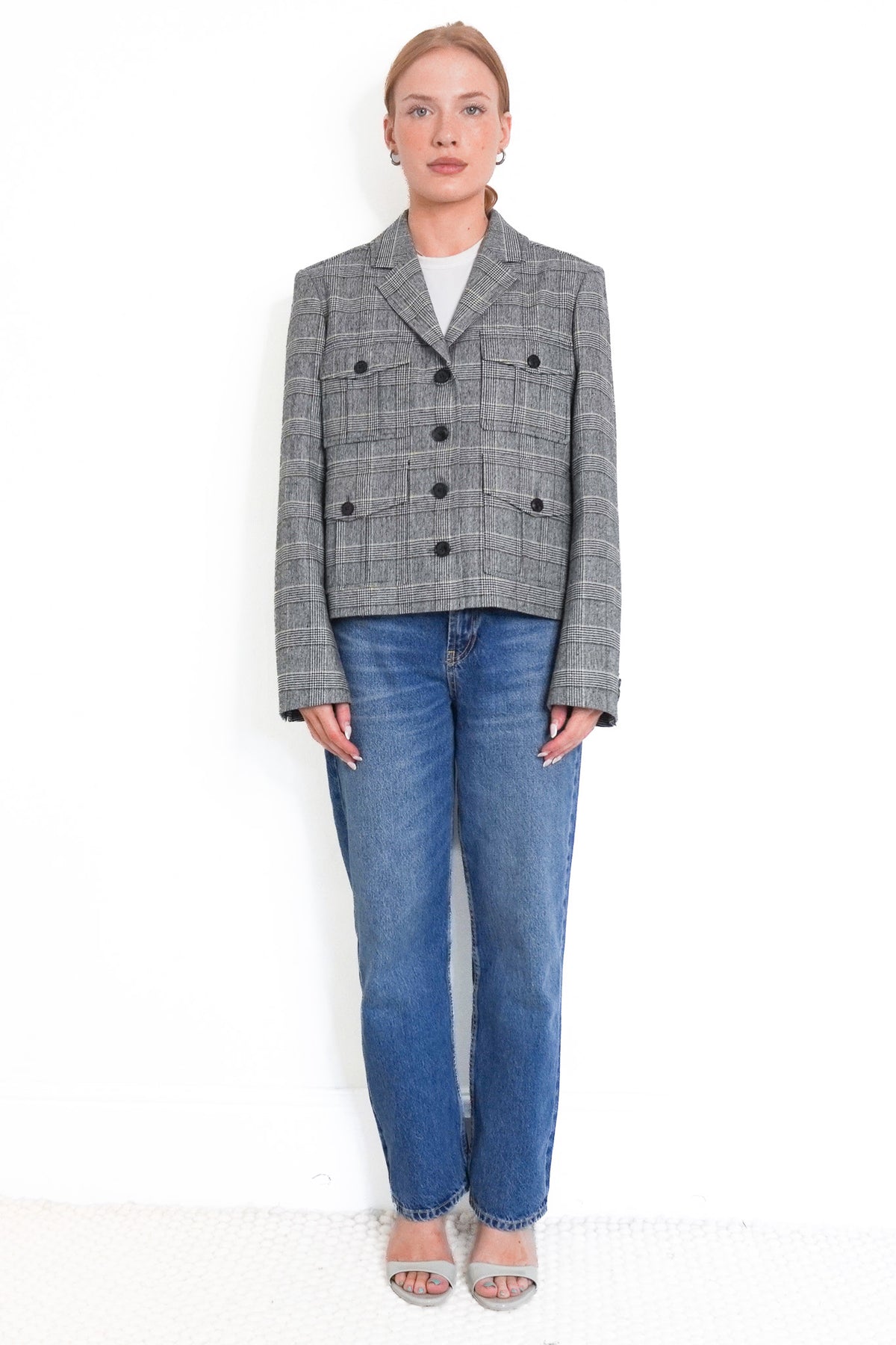 Front Image: ME+EM Grey and Black Plaid Double Breasted Tweed Jacket