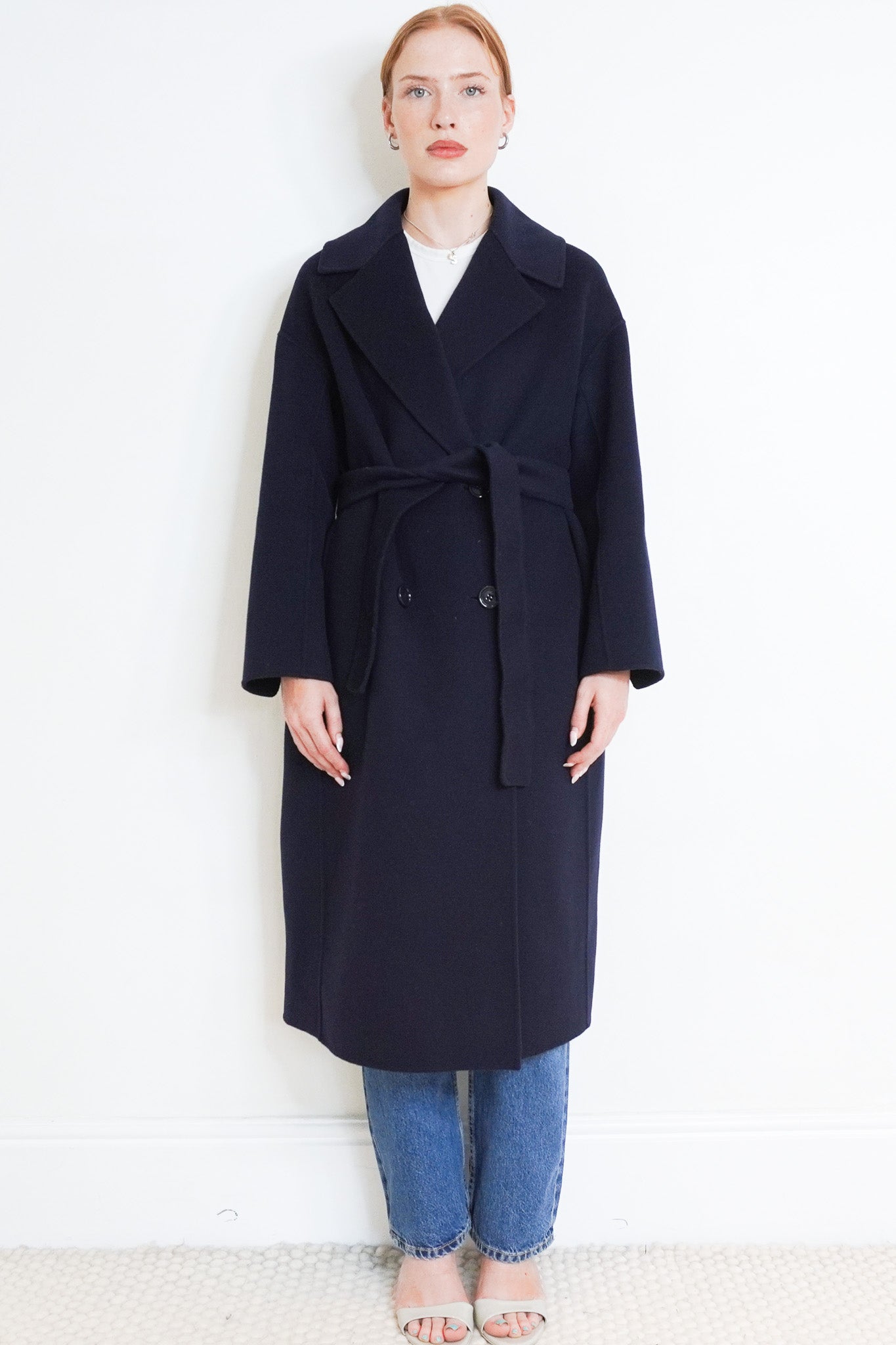 Front Image: Max Mara Madame Wool Cashmere Navy Wrap Coat Chelsea London