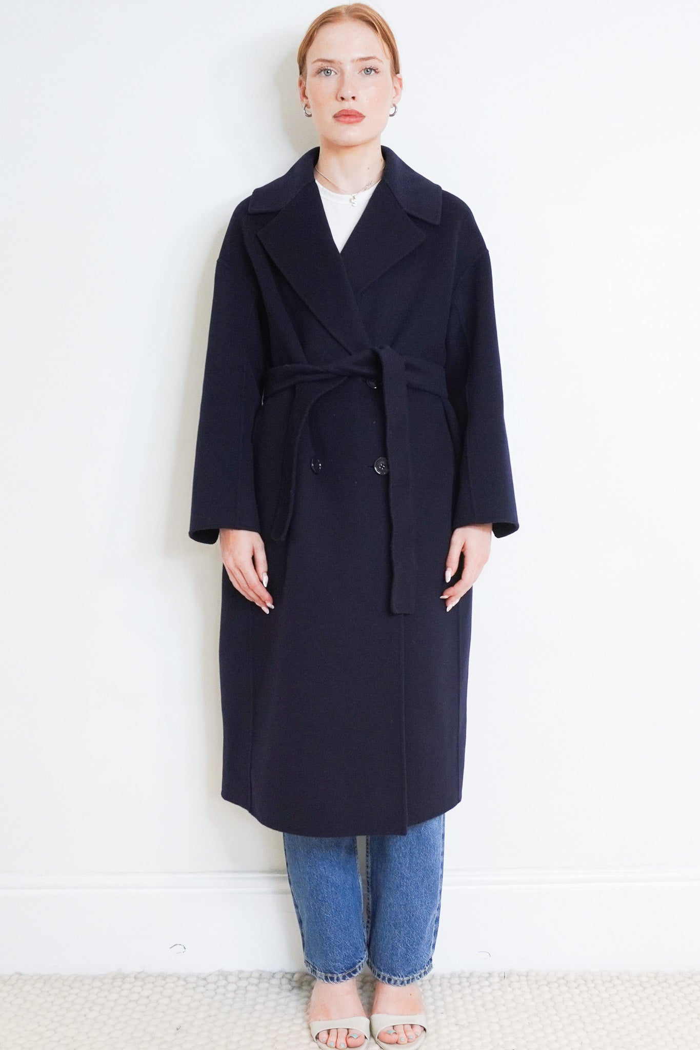 Front Image: Max Mara Madame Wool and Cashmere Navy Wrap Coat Chelsea London