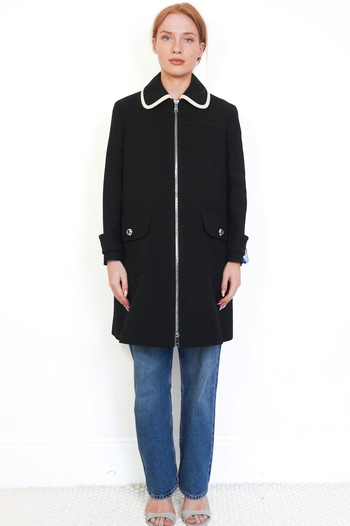 NEW Prada Black Wool Coat with White Trim Collar (RRP £2500) | Authentic Preloved - Reloved Again
