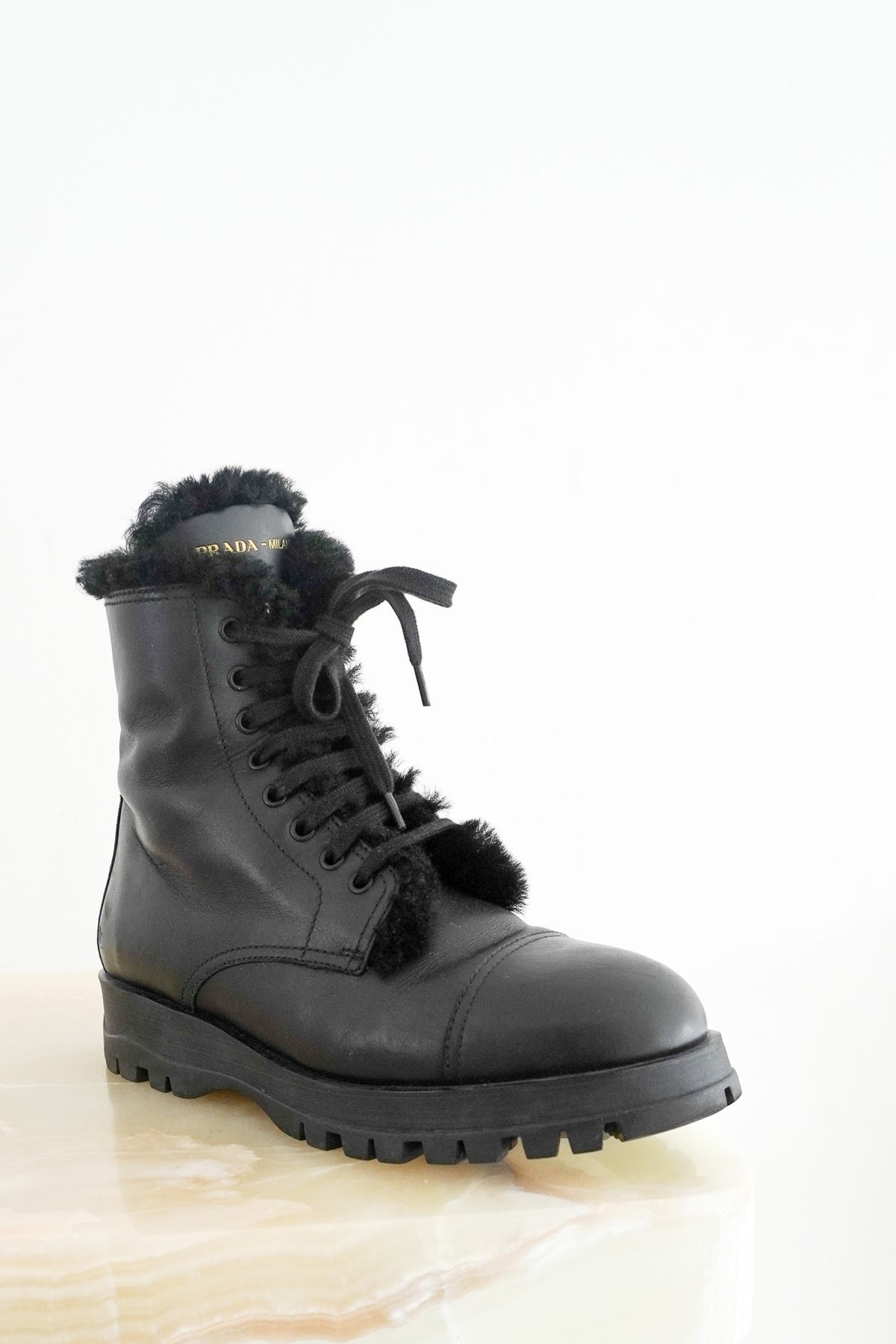 Prada Brixxen Combat Leather Booties with Shearling Fur (RRP £1350) | Authentic Preloved - Reloved Again
