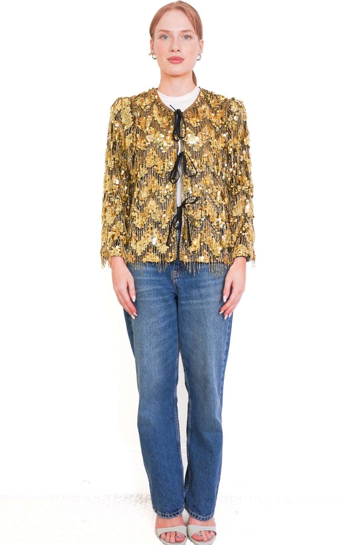 Front Image: Queens of Archive Gold Bead and Sequin Jacket Chelsea London