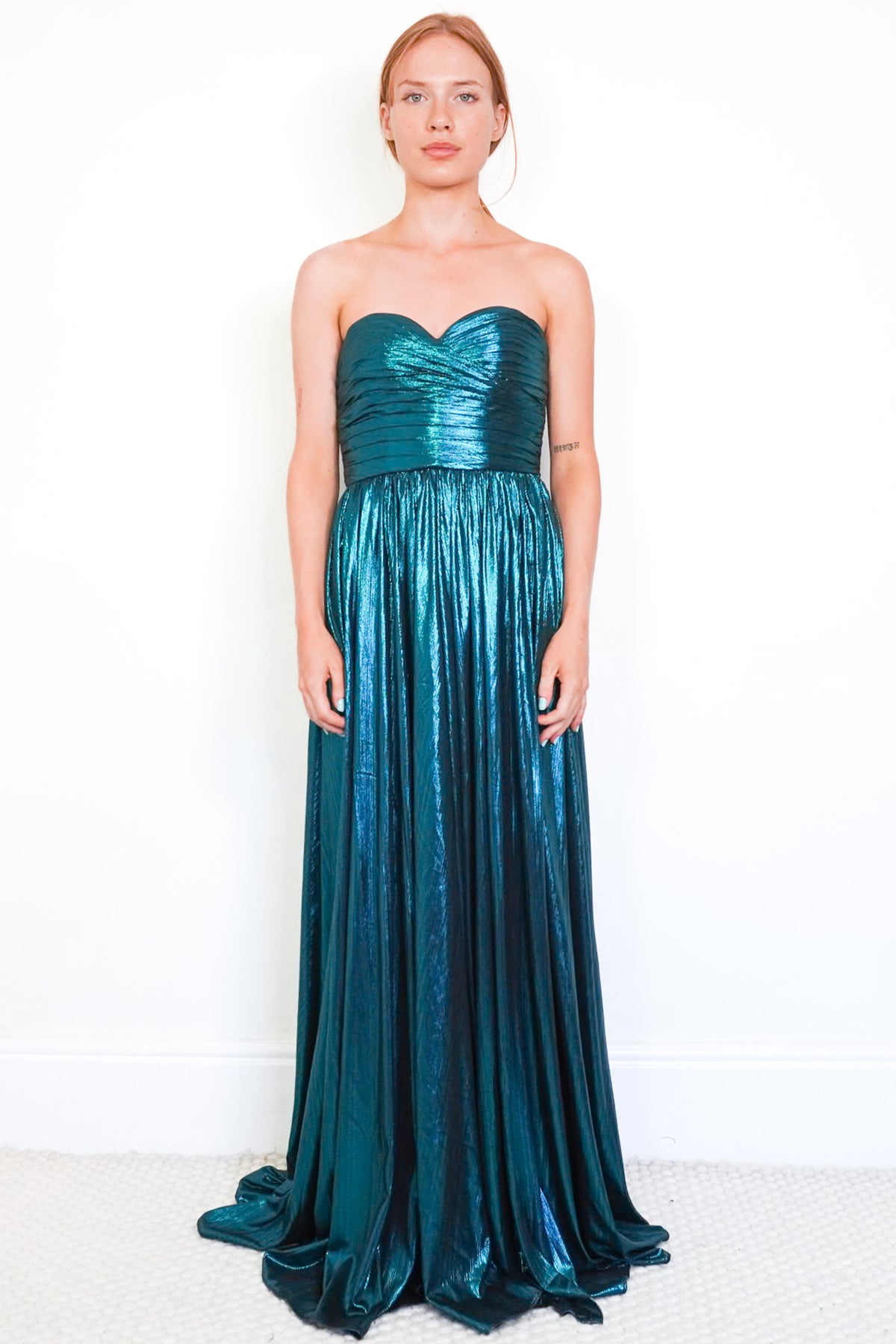 Front Image: Retrofete Metallic Strapless Green Dress