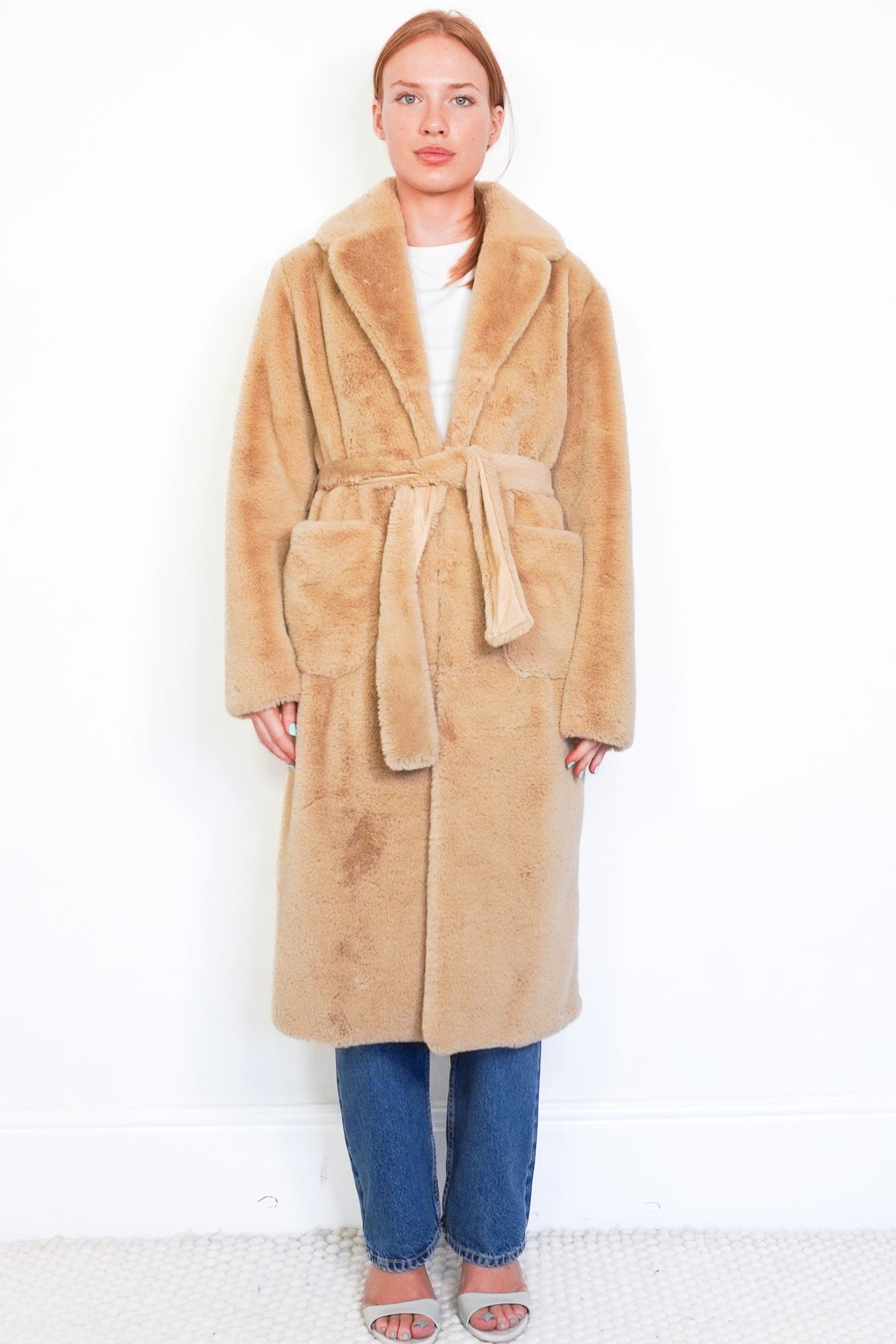 Front Image: Sandro Beige Faux Fur Coat Red Lining