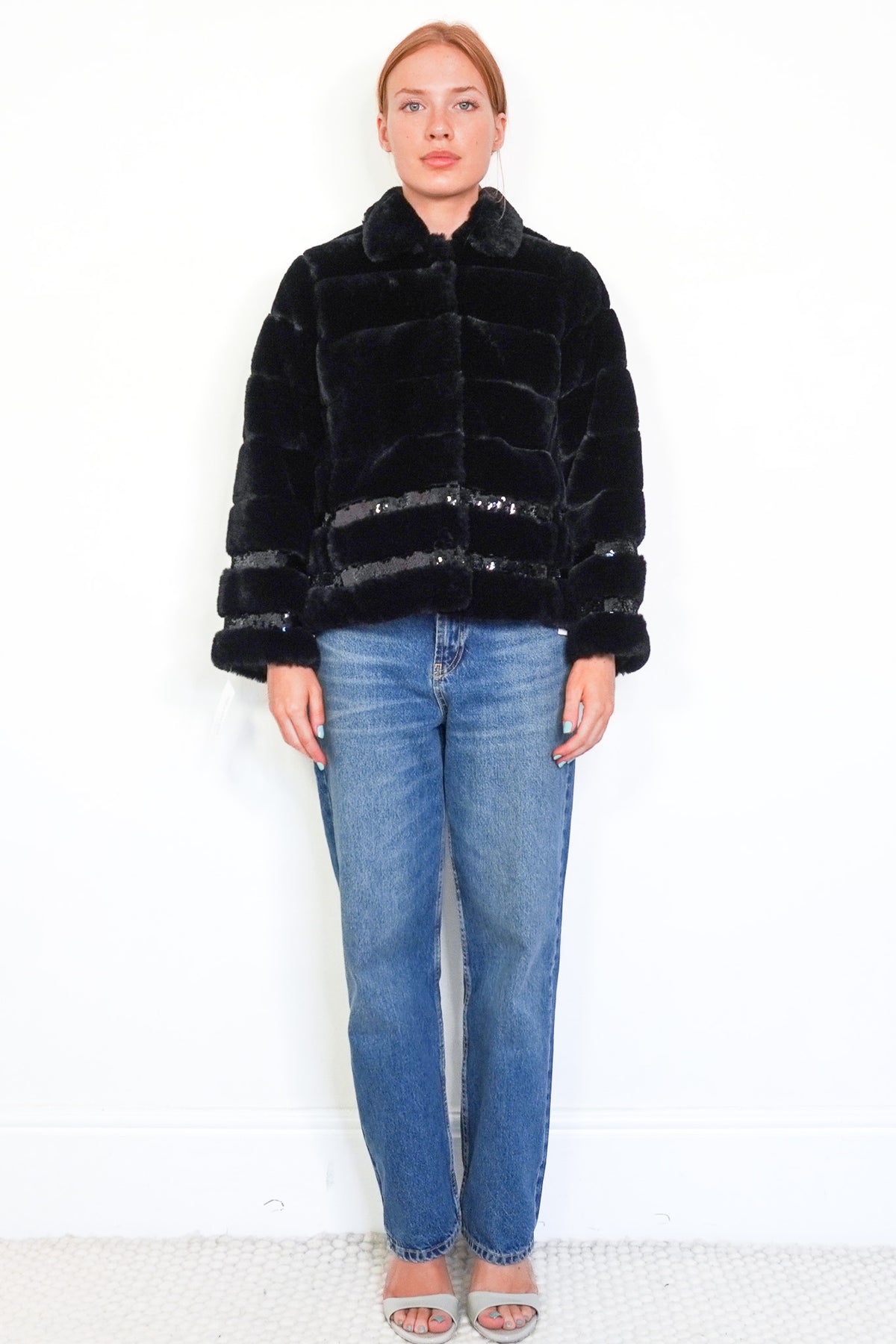 Front Image: Twinset Milano Faux Fur Black Jacket with Sequin Detail Chelsea London