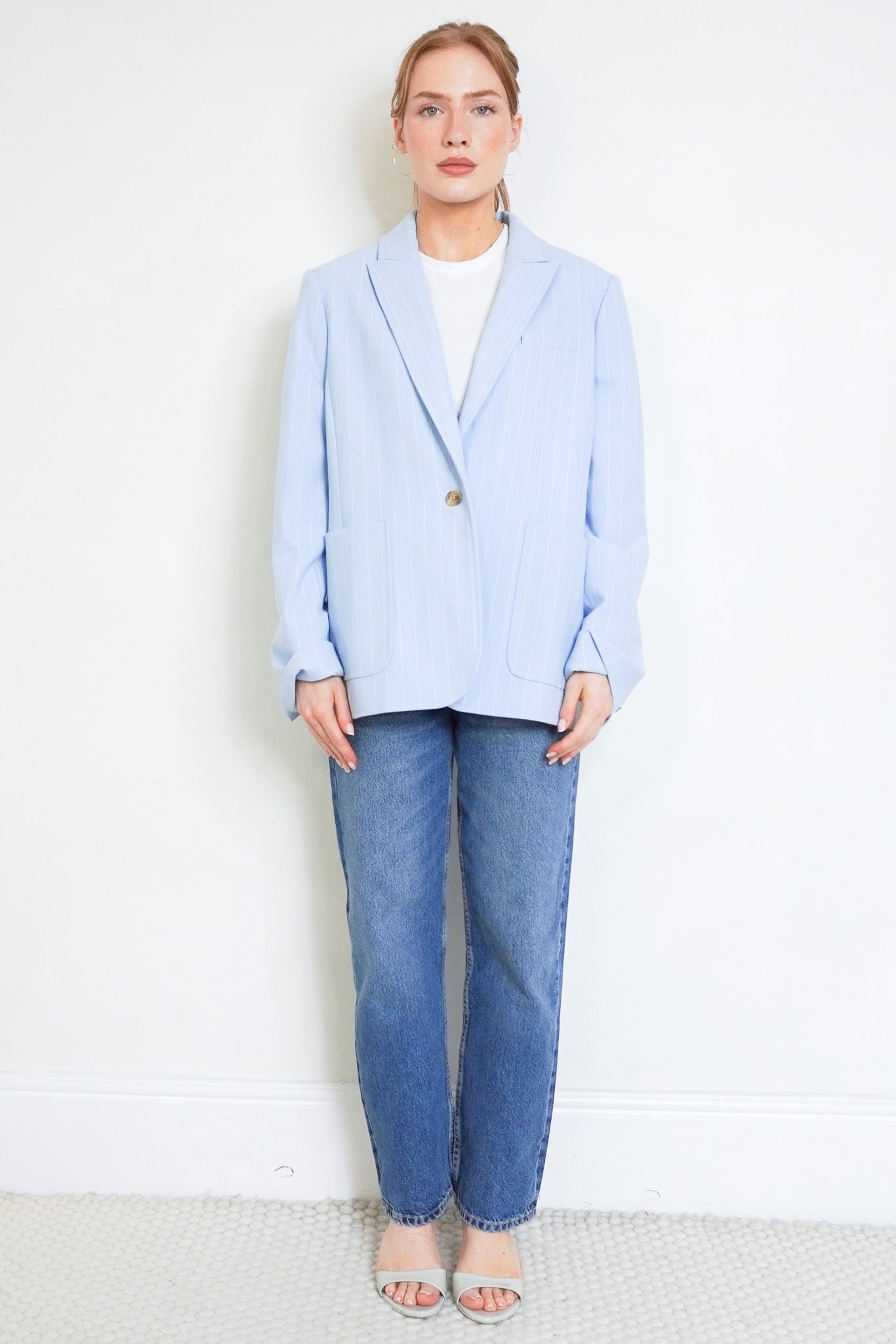 Front Photo of the Me+EM Blue Pinstripe Blazer Chelsea London
