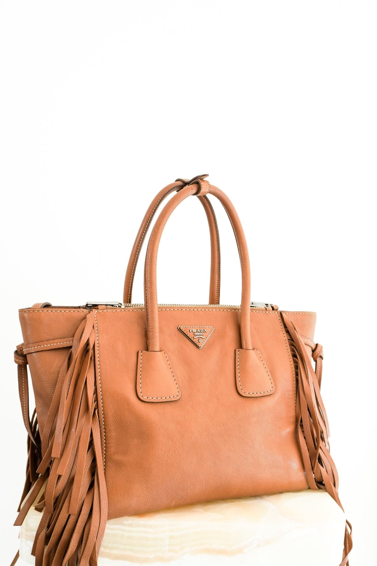 Prada Glacé Calf Fringed Twin Pocket Satchel Tote (RRP £1400) | Authentic Preloved - Reloved Again