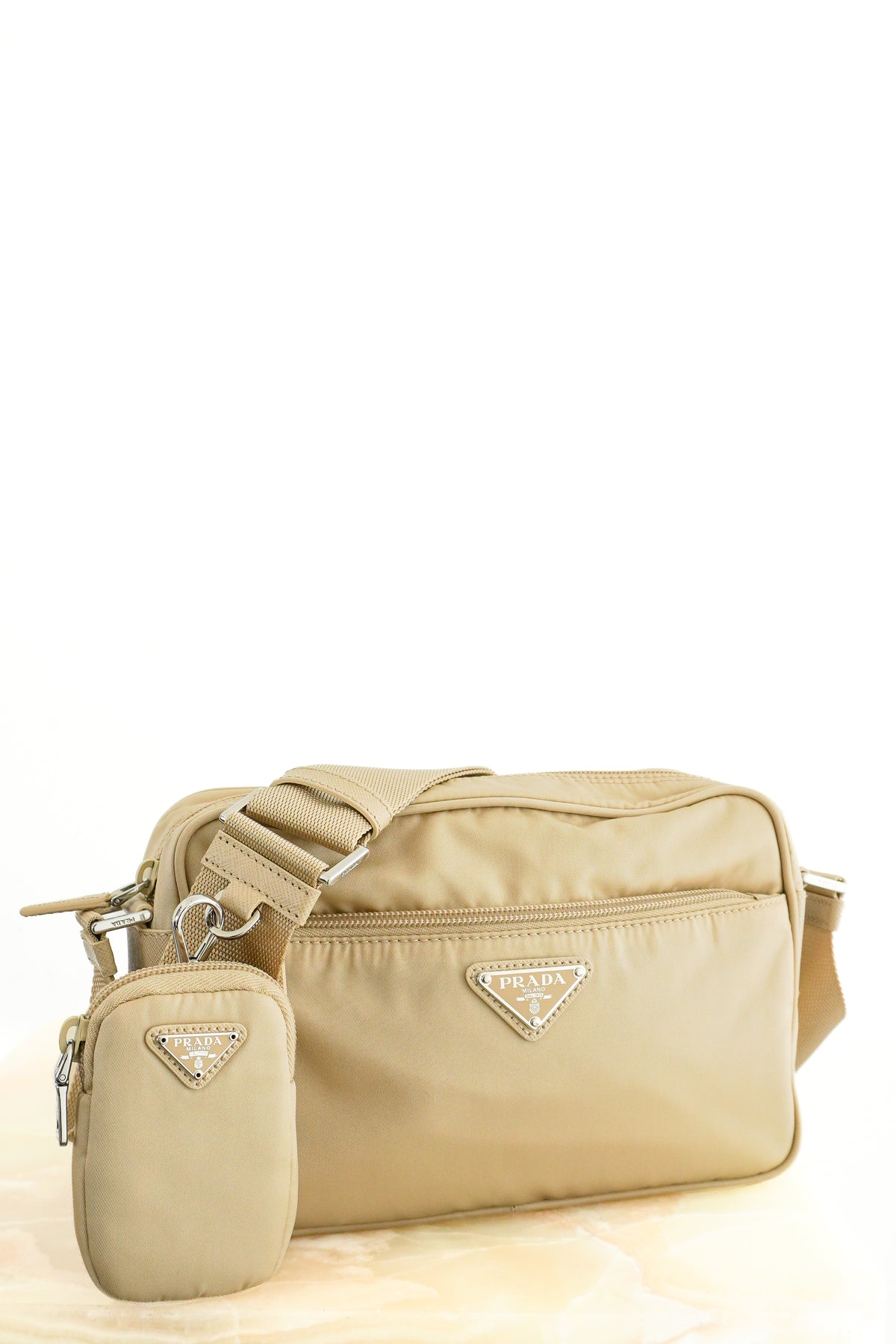Front: Prada Re-Nylon Shoulder Bag in Deserto