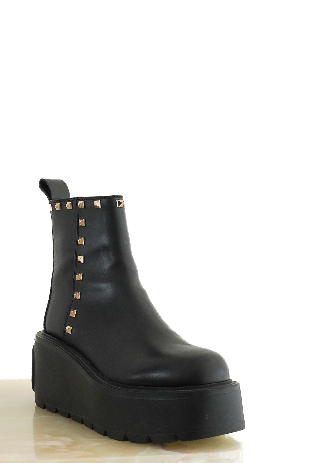 Front: Valentino Garavani Black Leather Rockstud Platform Ankle Boots