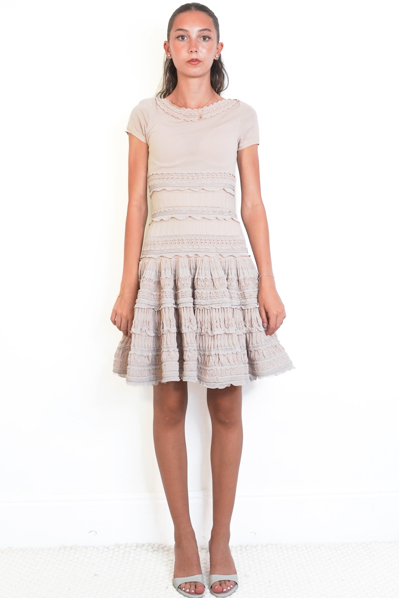 Front image Alaïa Beige Textured Knit Ruffle Skater Dress Chelsea London