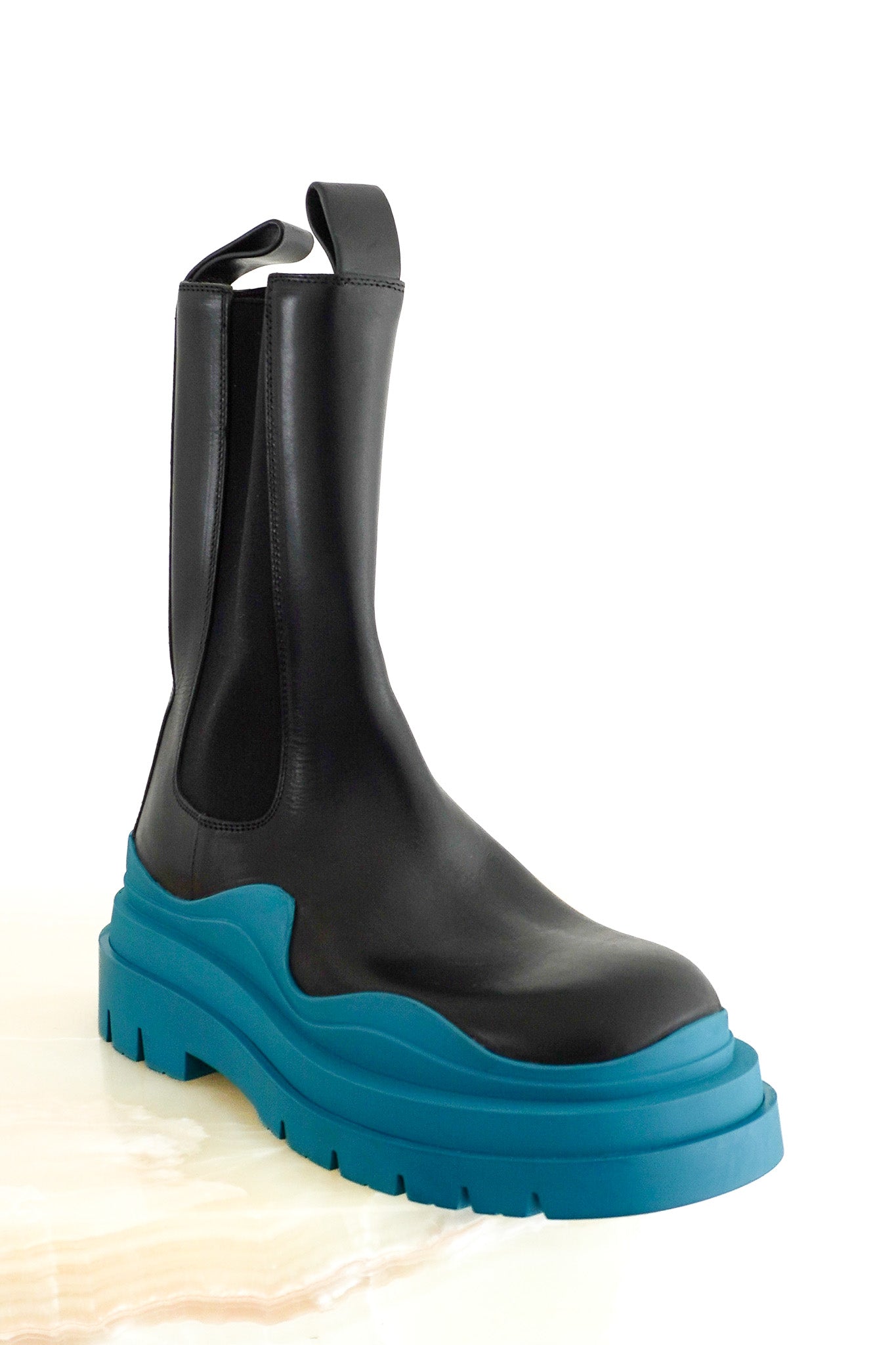 Front image Bottega Veneta Tire Chelsea Boots in Black Leather & Acid Turquoise Chelsea London