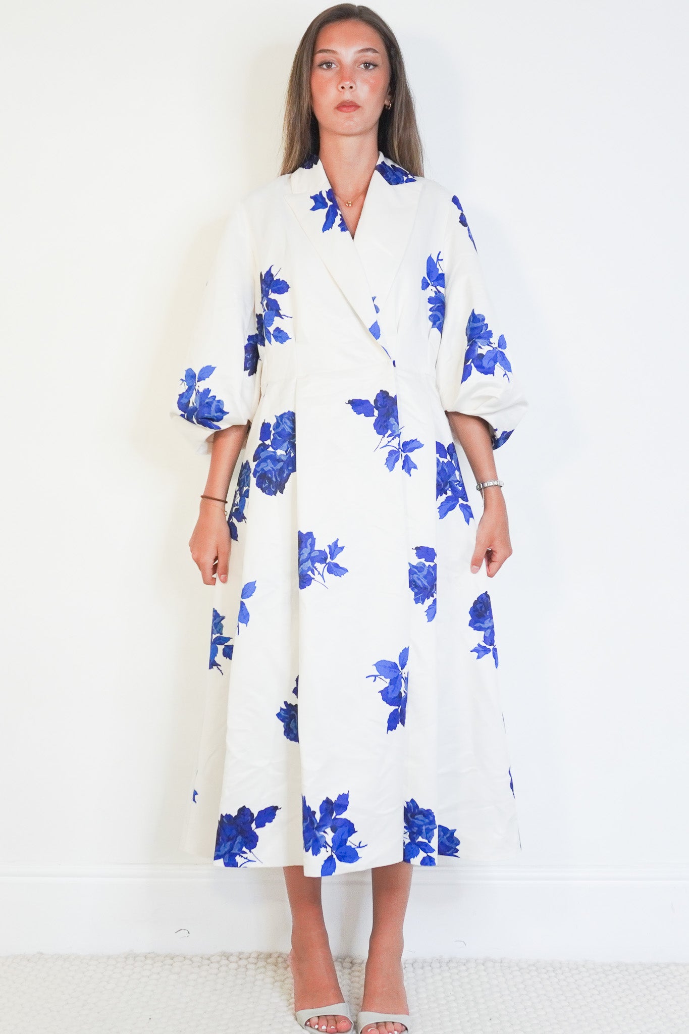 Front image Emilia Wickstead White and Blue Floral Evening Coat Chelsea London