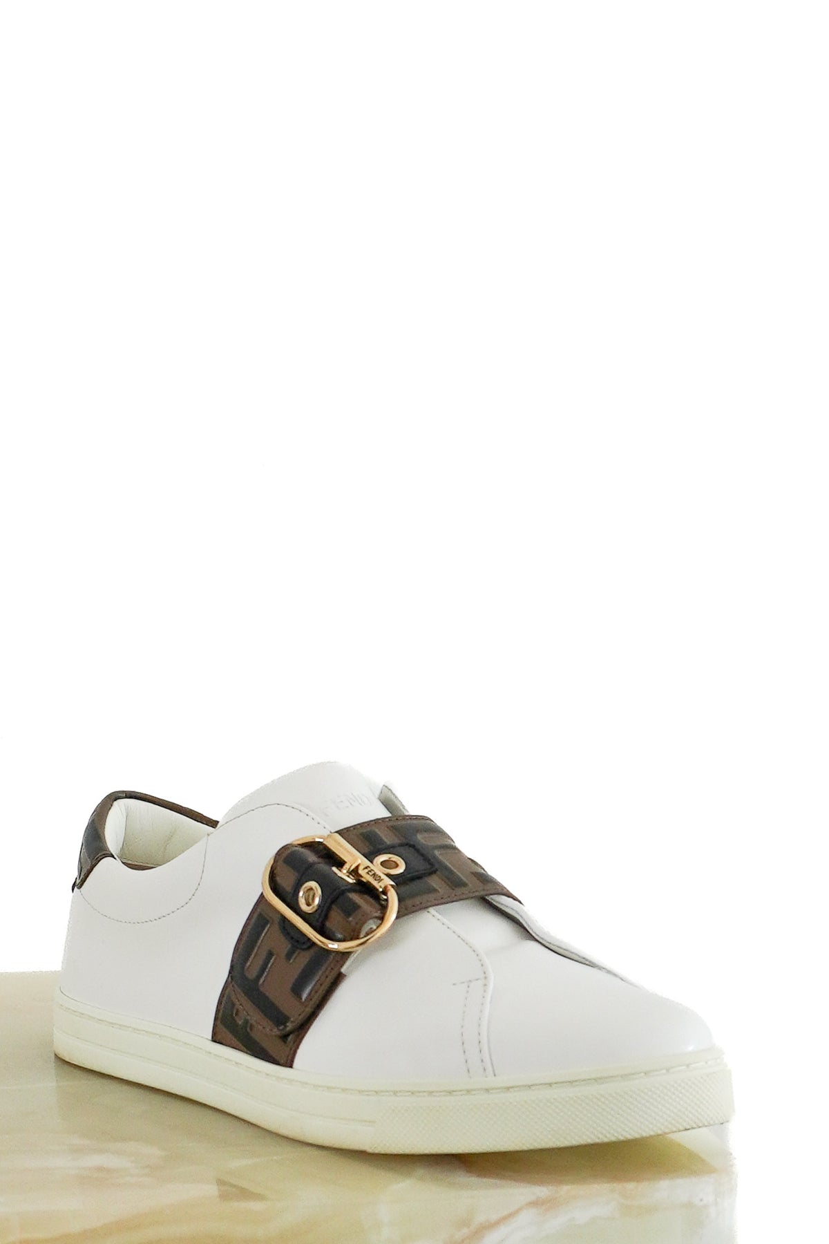 Front image: Fendi Signature FF Leather Buckle Trainers Chelsea london
