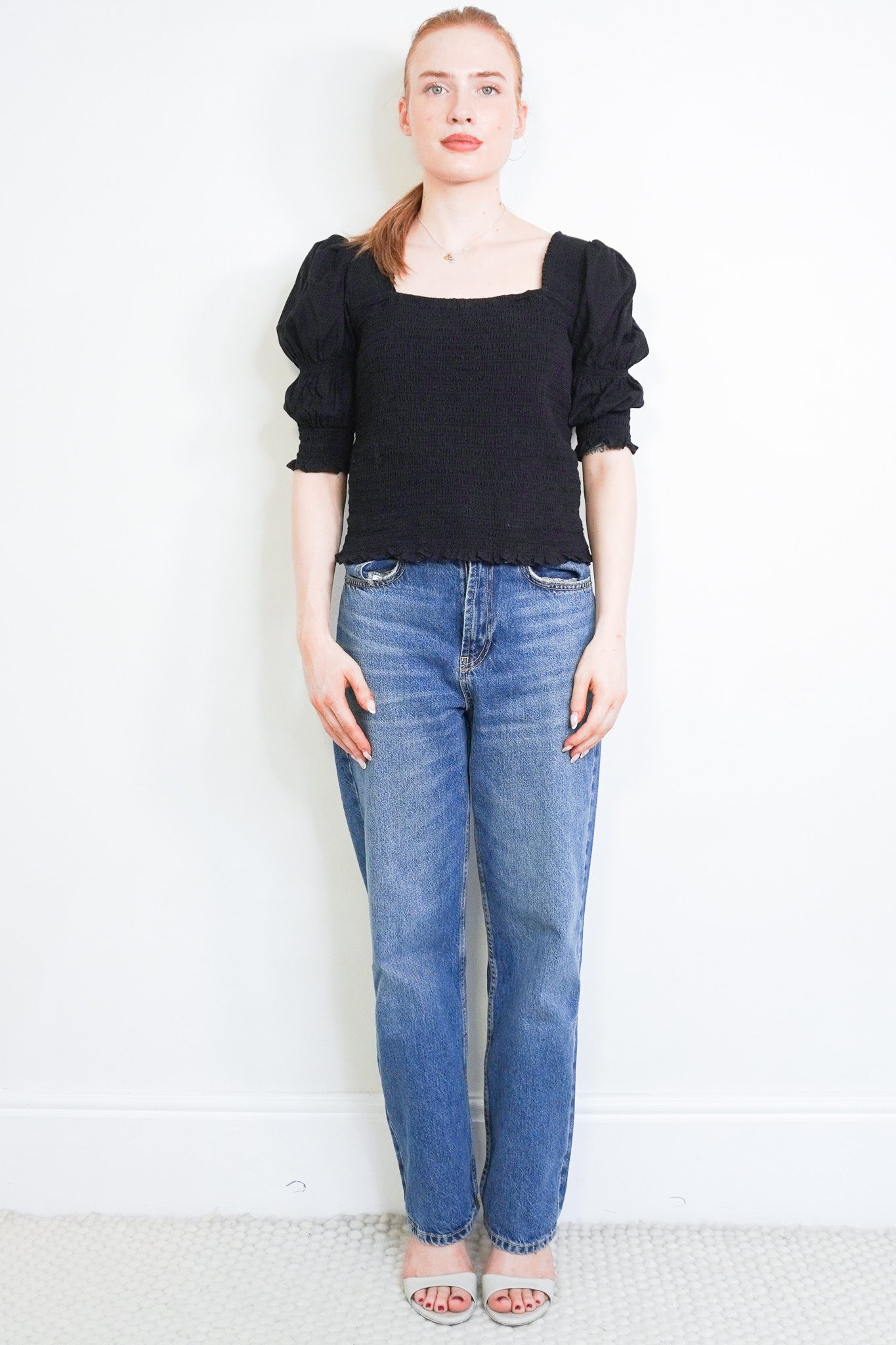 Front image Me + Em Smocked Top in Black Chelsea London
