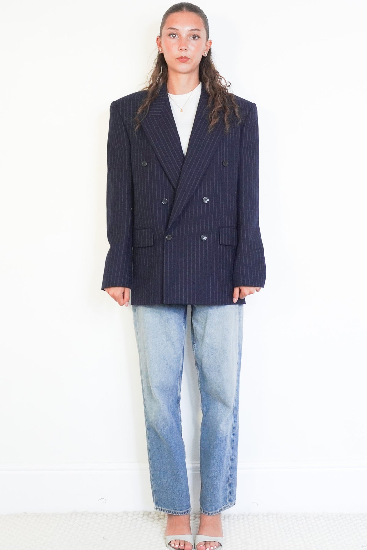 Front image Saint Laurent Double Breasted Pinstripe Navy Blazer Chelsea London