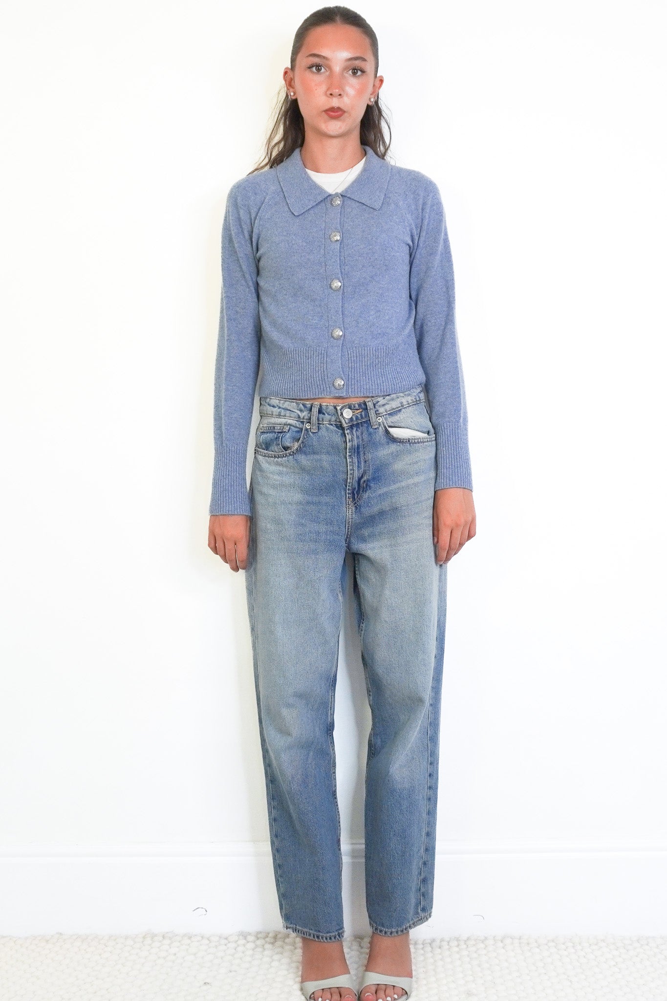 Front image of Veronica Beard Pale Blue Cashmere Cardigan Chelsea london