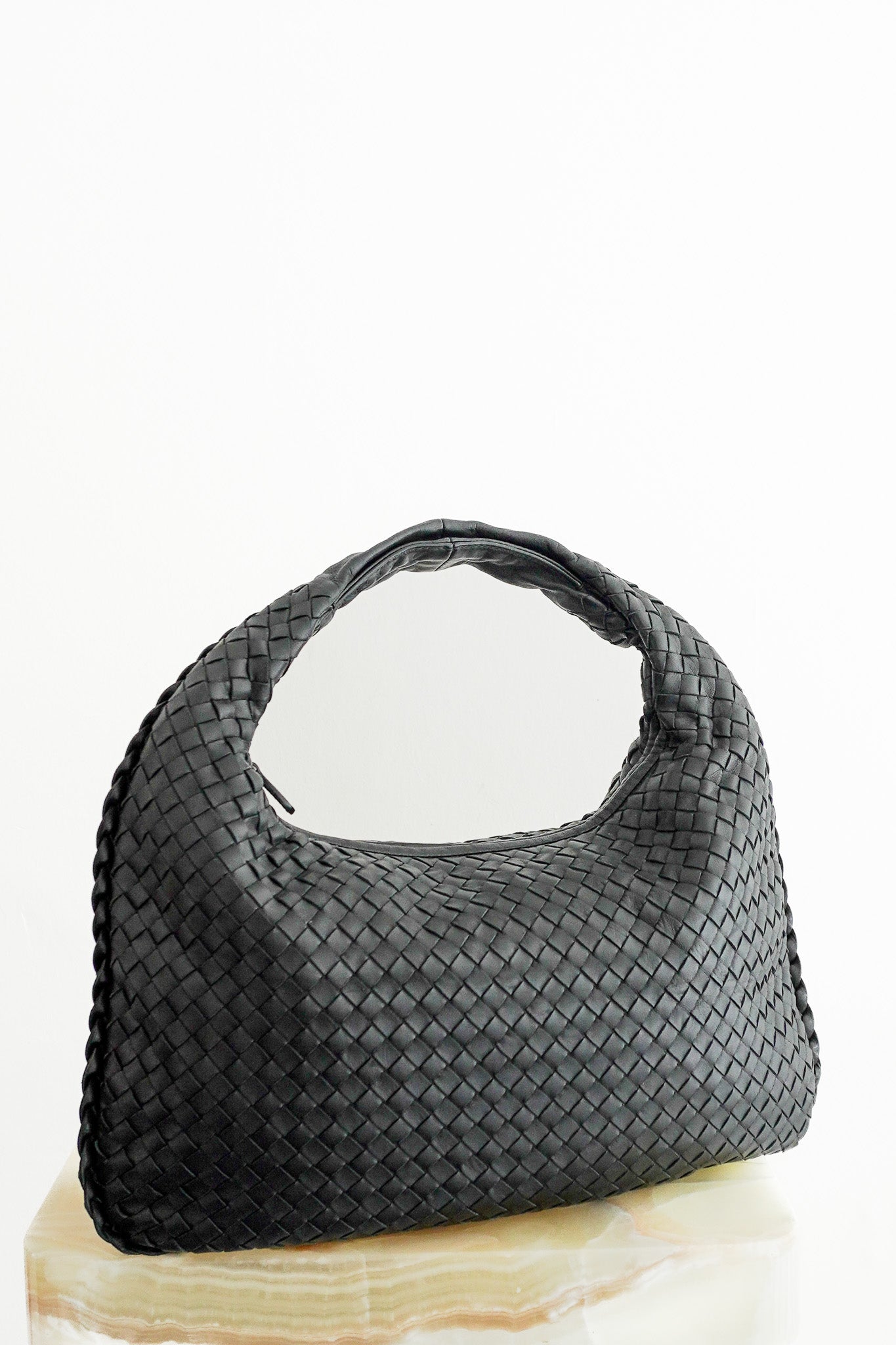 Front image of the Bottega Veneta Intrecciato Black Leather Hobo Bag Chelsea London