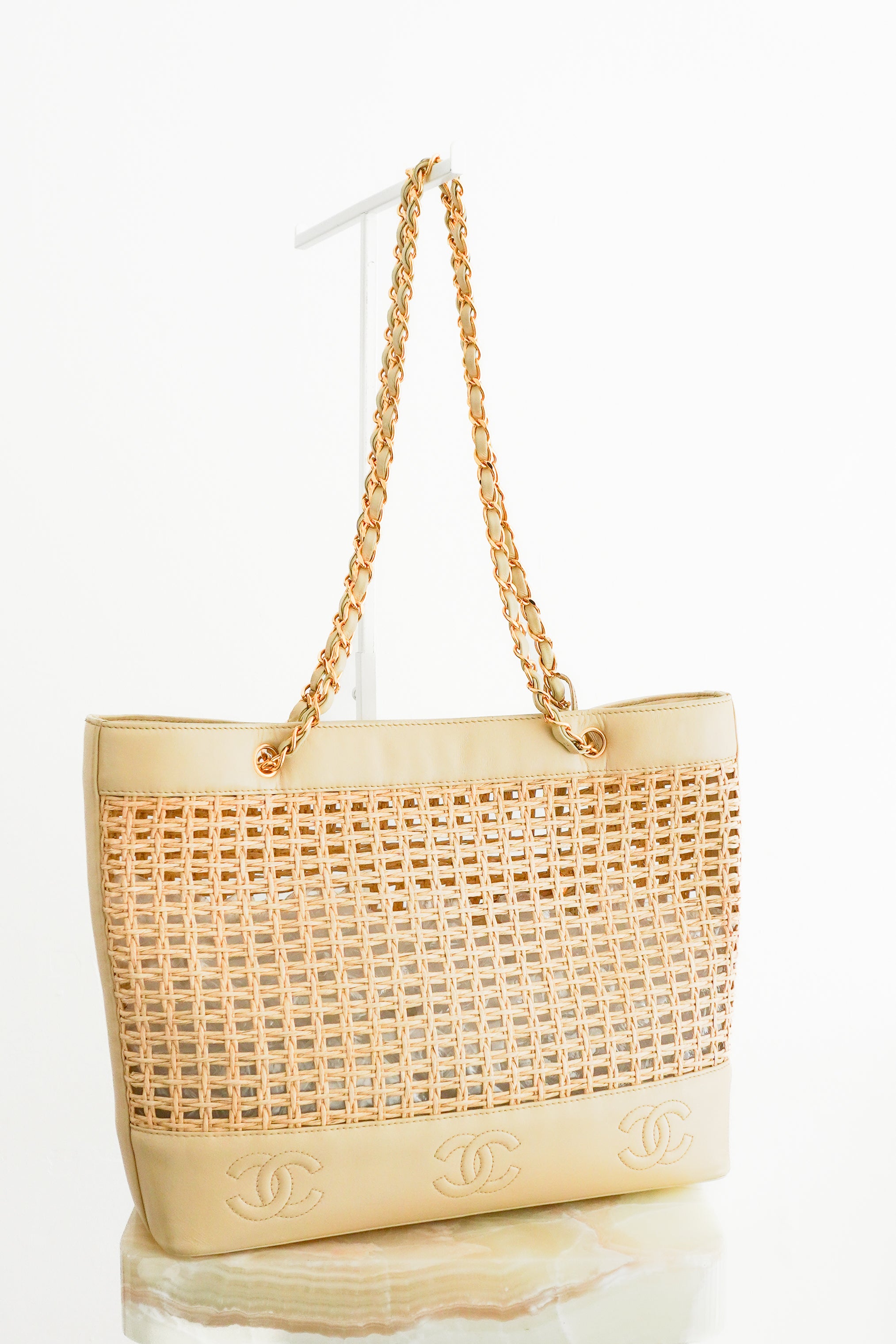 Front image of the Chanel Coco Raffia Tote Chelsea London