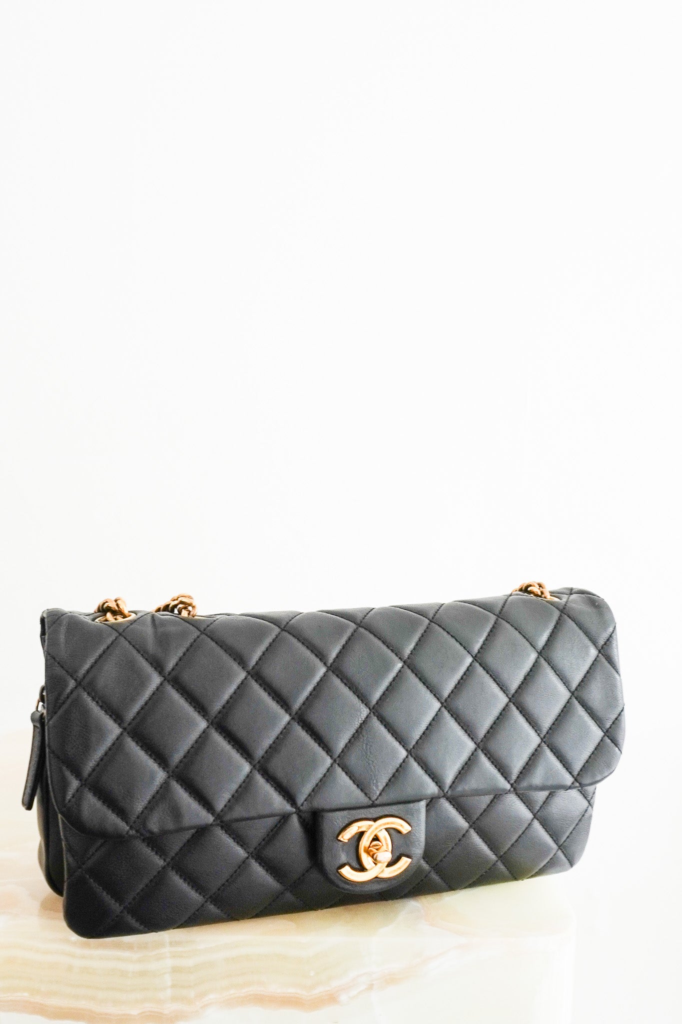 Front image of the Chanel Double Flap Shoulder Bag with Gold Hardware Chelsea London