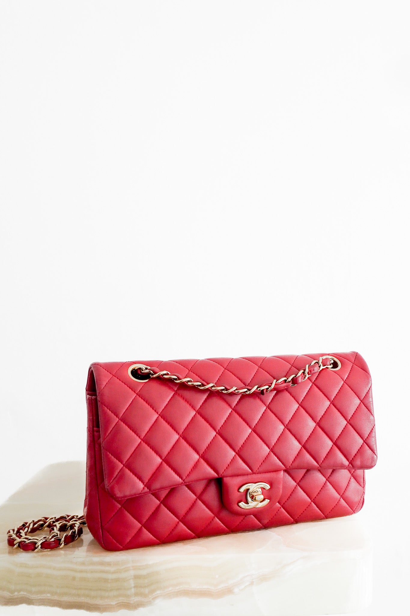 Front image of the Chanel Red Medium Classic Double Flap Bag Chelsea London