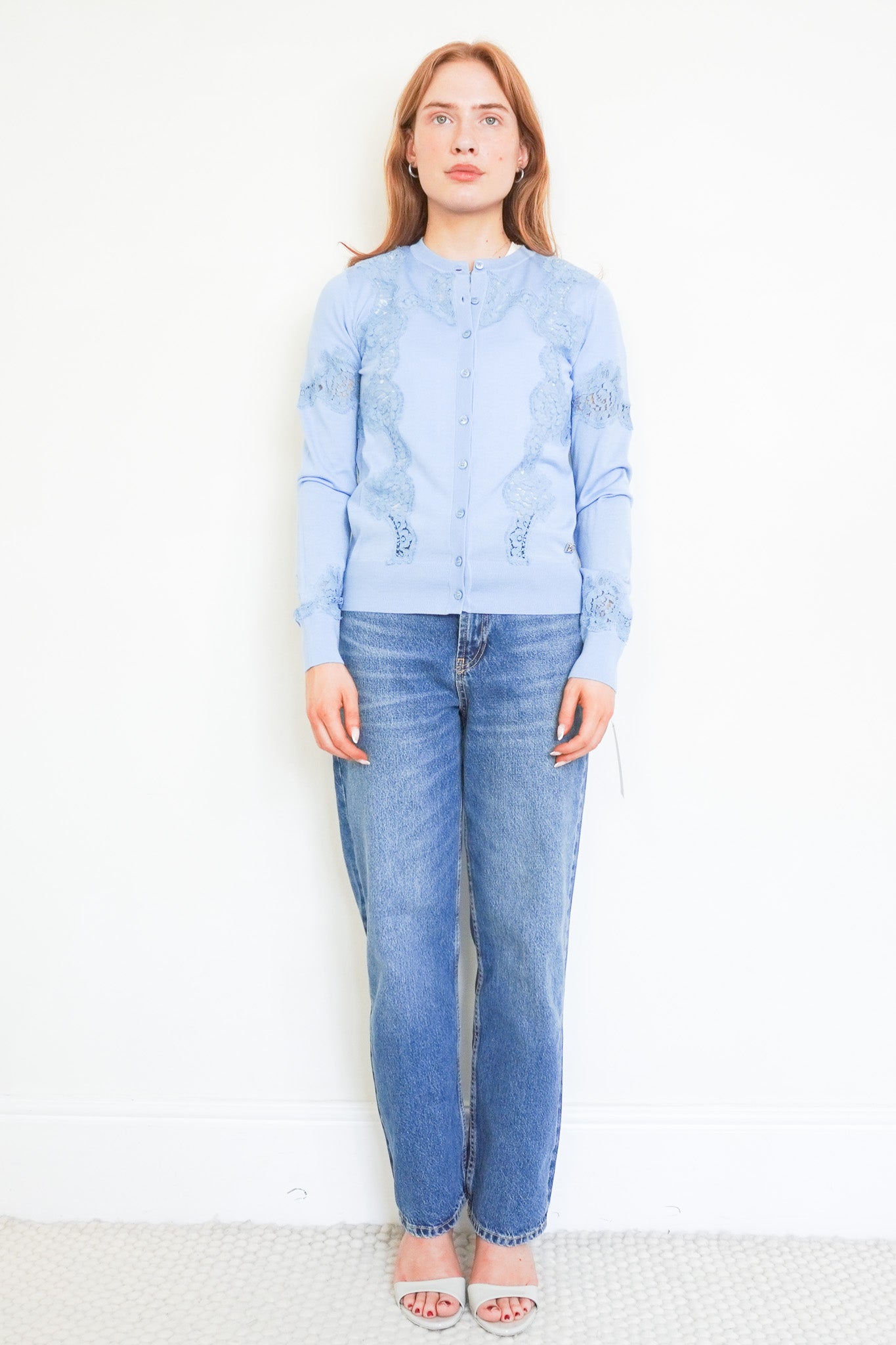 Front image of the Dolce and Gabbana Lace Insert Cashmere Cardigan Chelsea London