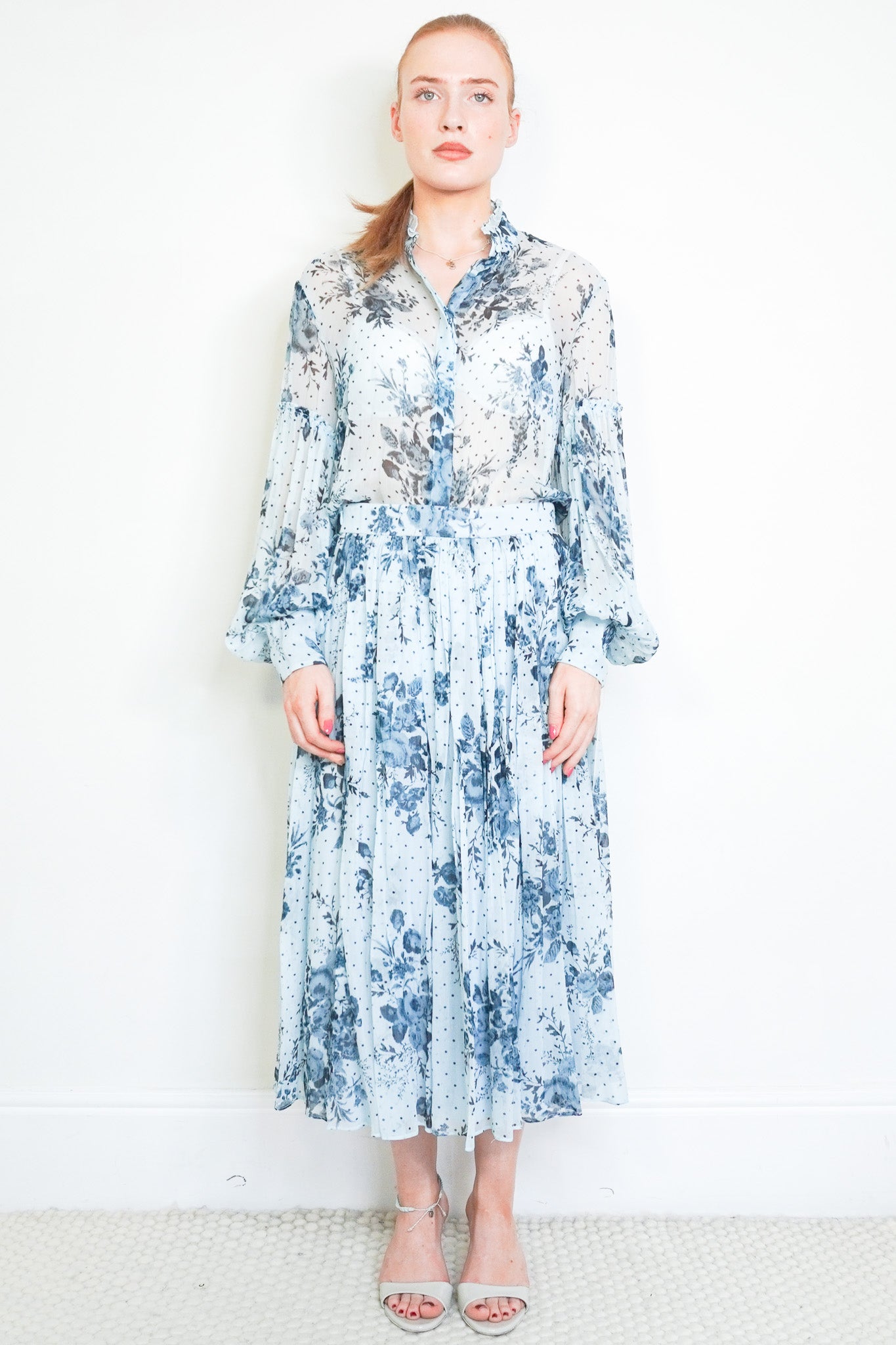 Front image of the Erdem Blue Floral Blouse and Pleated Skirt Set Chelsea London