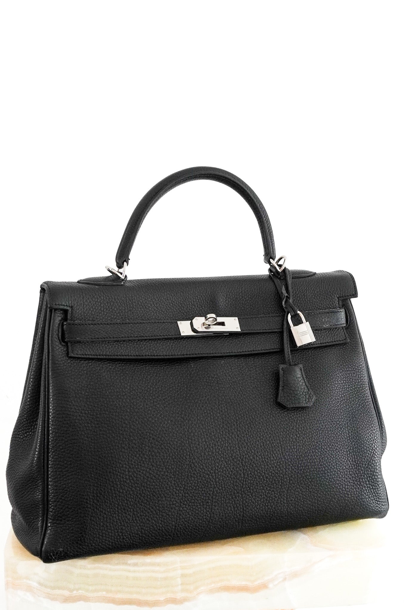 Front Hermès Kelly 35 Bag (2006) in Noir Togo Leather and Palladium Hardware Chelsea London