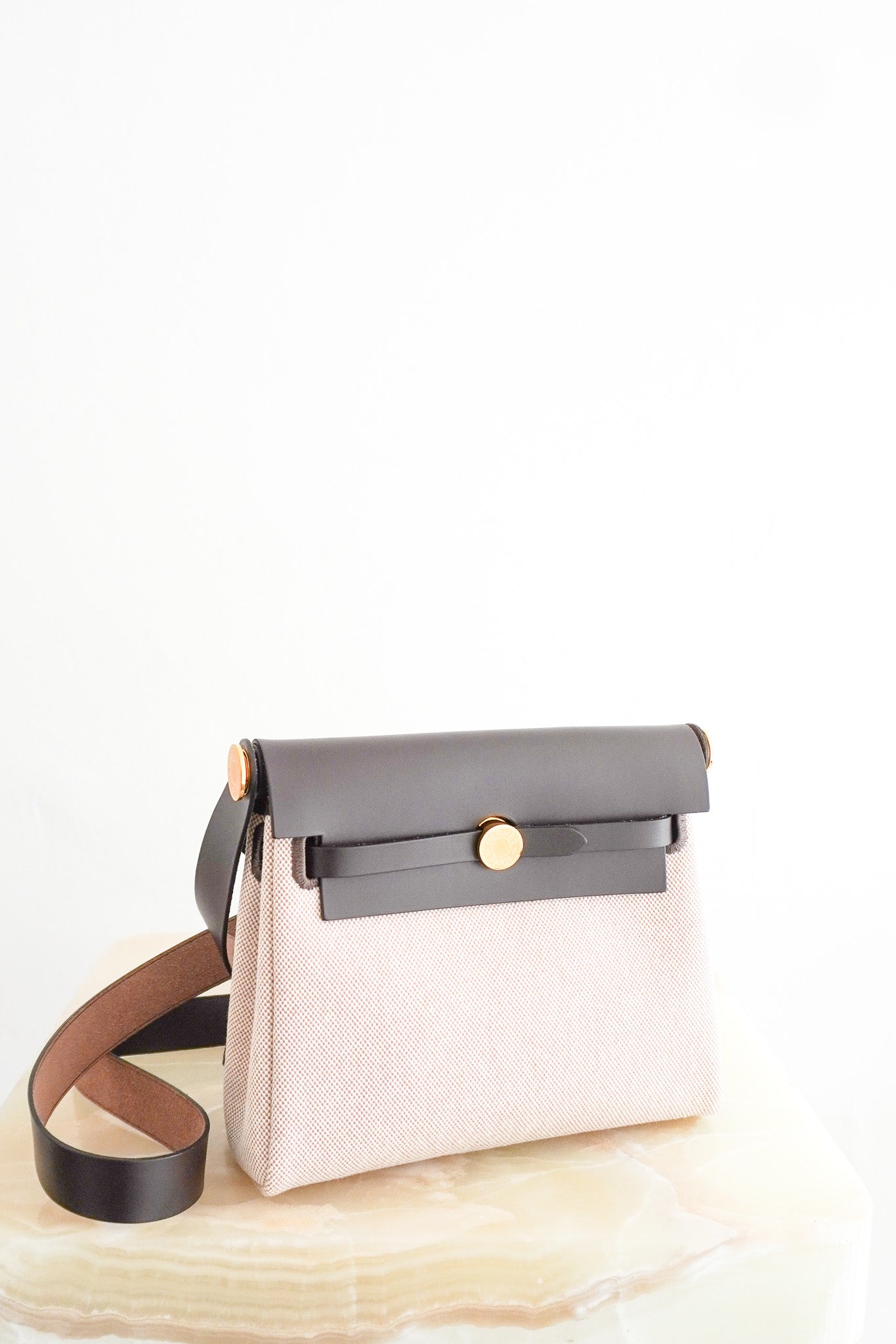 NEW Hermes Mini Herbag 20 in Ebene Vache Leather and Ecru Canvas | Authentic Preloved - Reloved Again