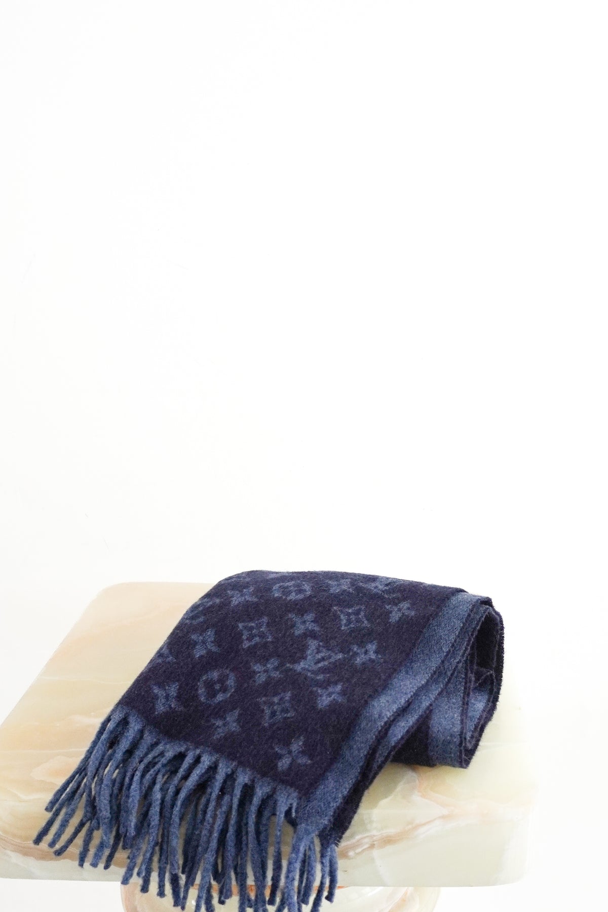 Front image of the Louis Vuitton Monogram Navy Wool Scarf Chelsea London