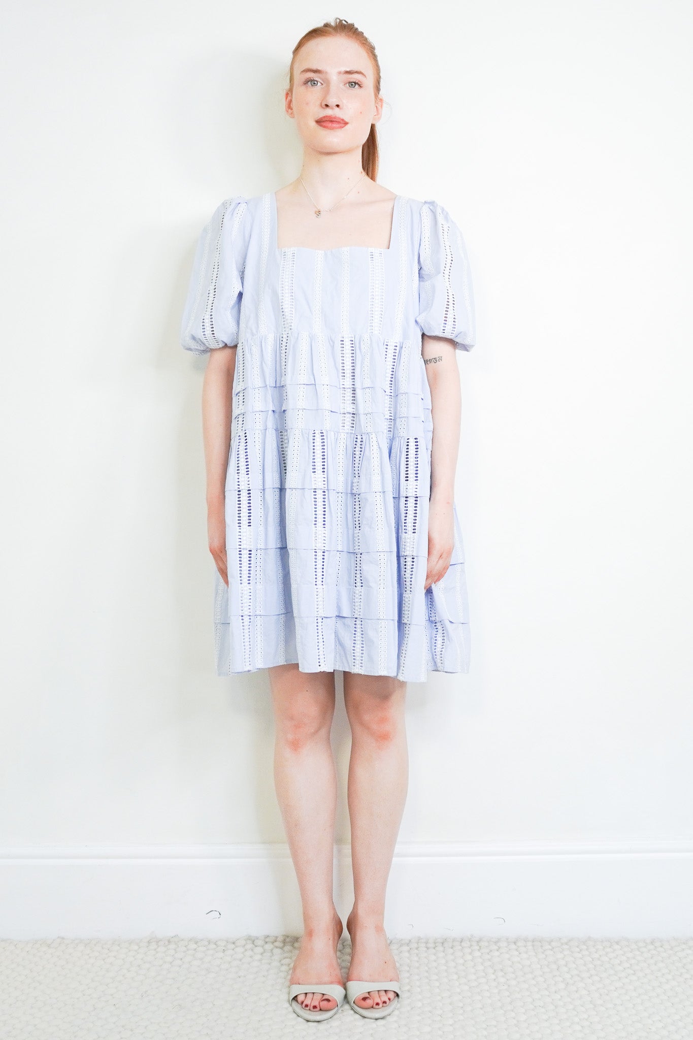Front image of the Maje Tiered Blue Mini Dress Chelsea London
