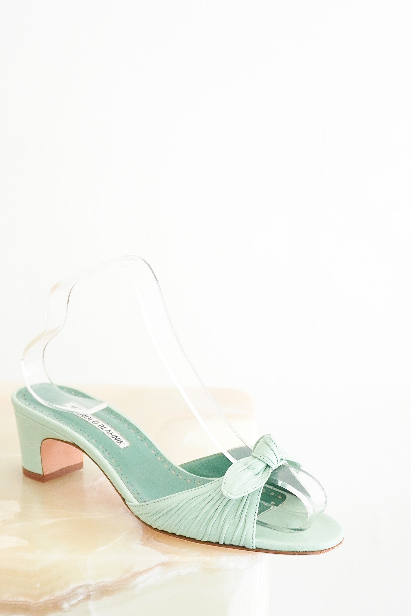 Front image of the Manolo Blahnik Green Mules Chelsea London