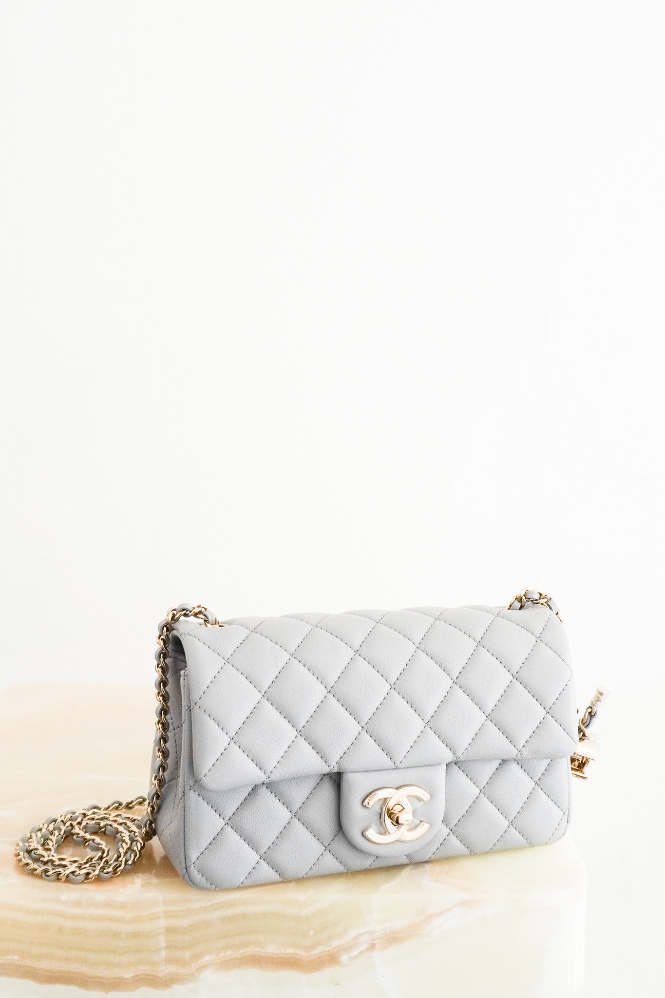 Front image of the NEW Chanel Mini Sac Rabat Flap Bag in Pearl Crush Chelsea London